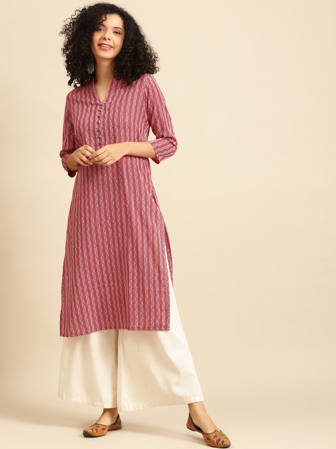 anayna Women Red & White Striped Kurta Price in India