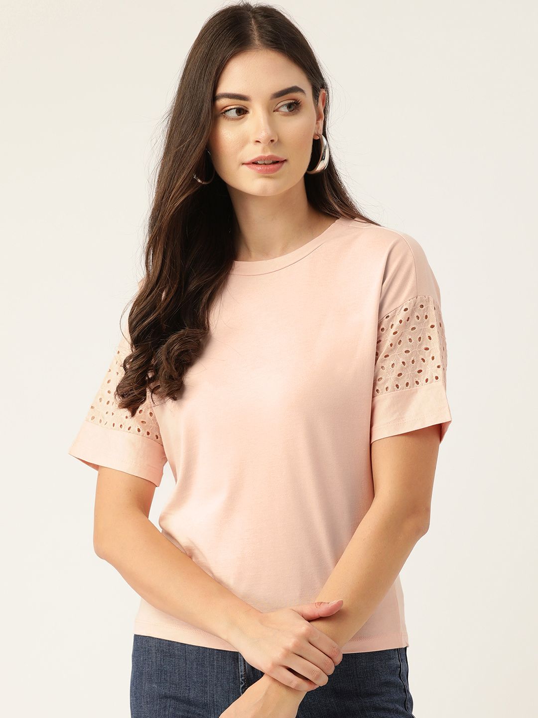 TRENDYOL COLLECTION Women Peach-Coloured Solid Pure Cotton Round Neck T-shirt