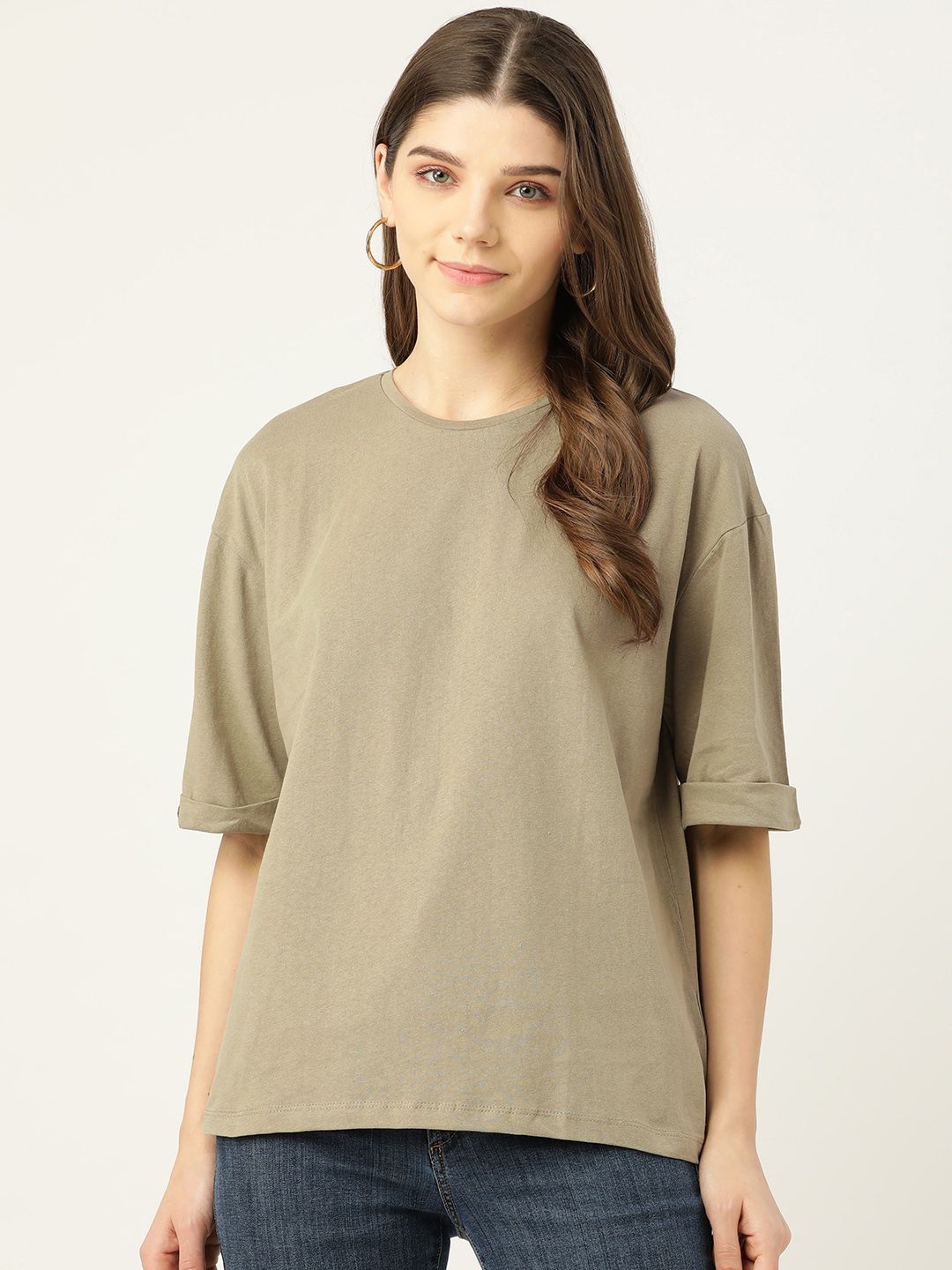 TRENDYOL COLLECTION Women Olive Green Pure Cotton Solid T-shirt