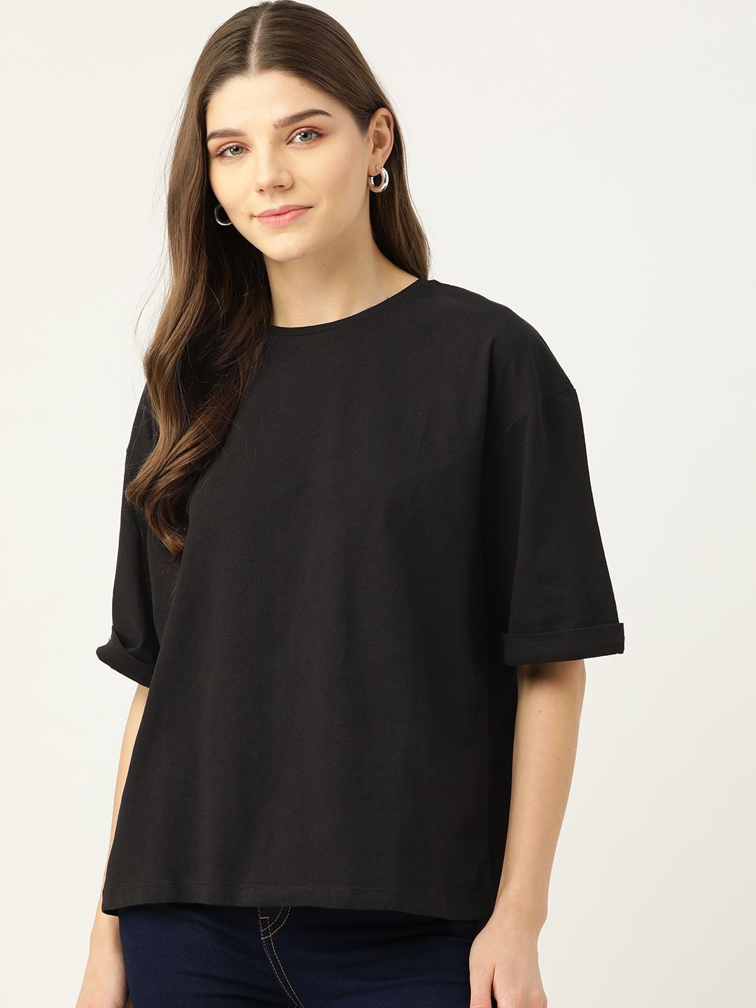 TRENDYOL COLLECTION Women Black Solid Pure Cotton Round Neck T-shirt