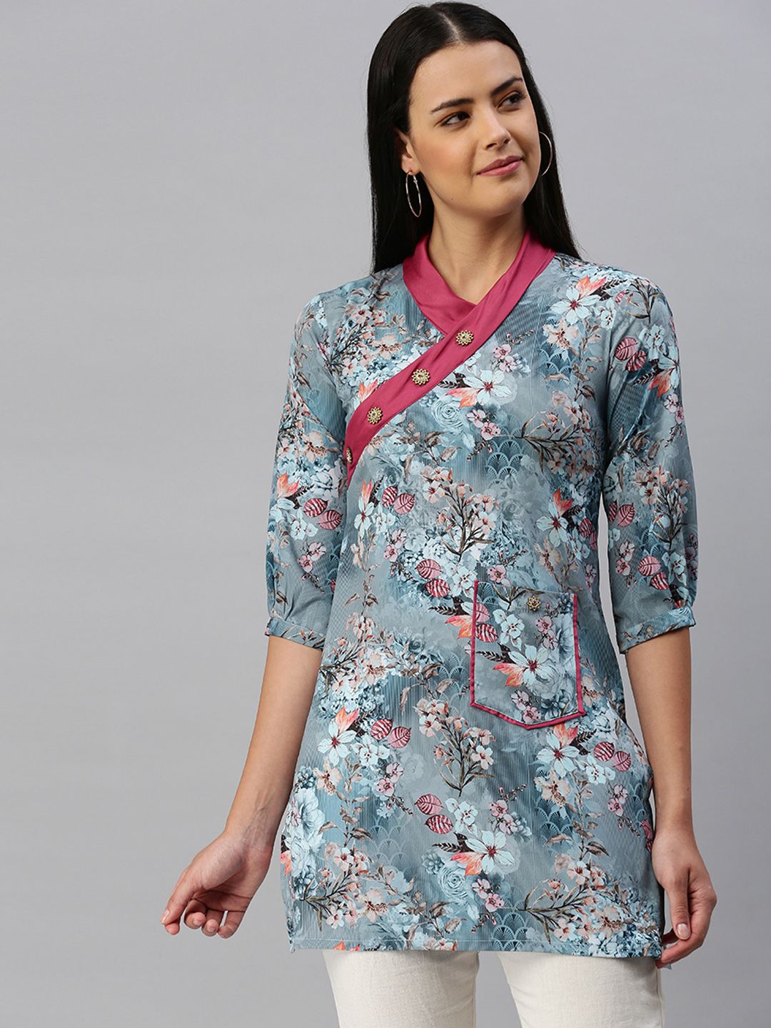 flaher Women's Blue Floral Printed Tunic Price in India
