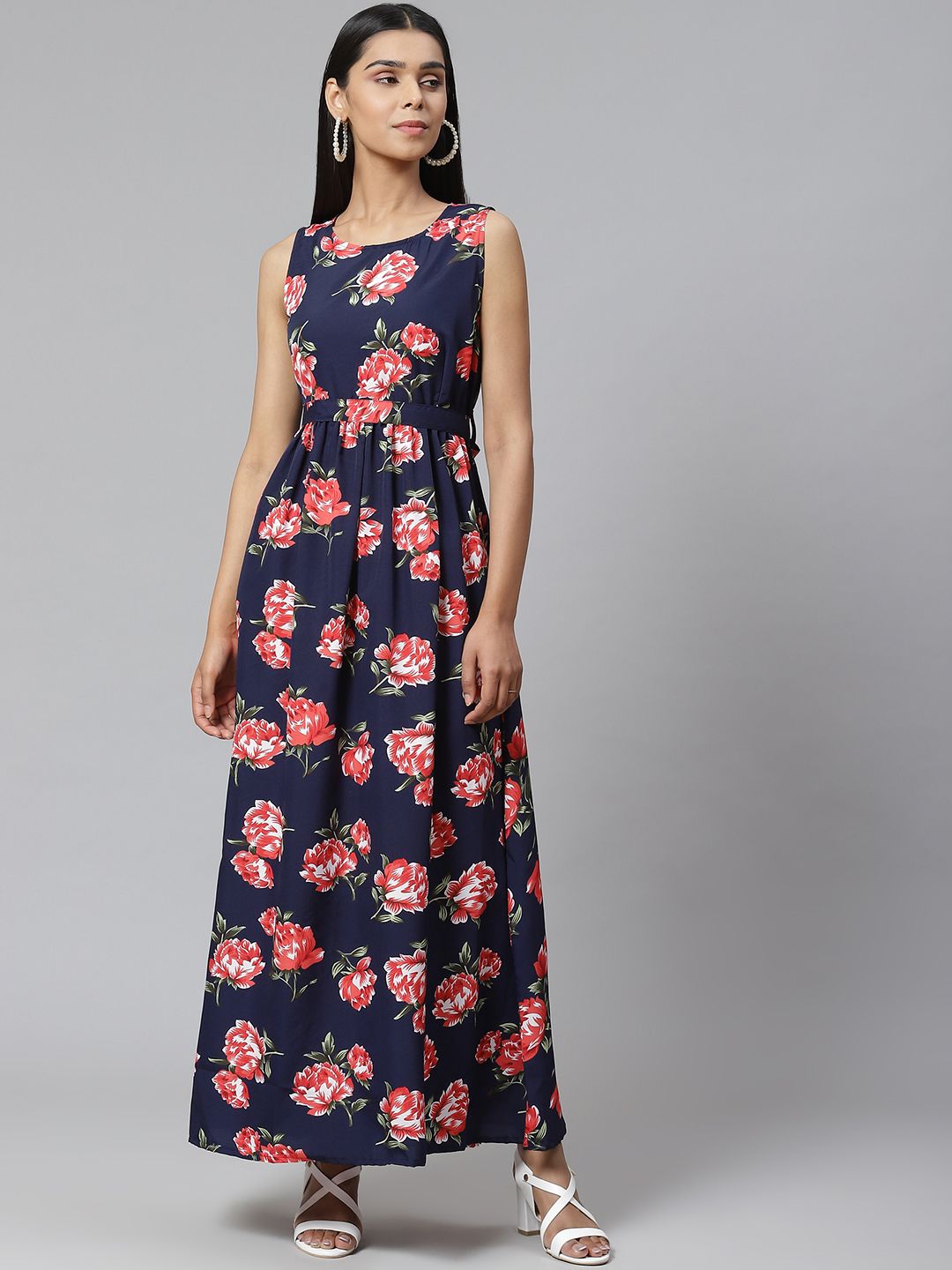 Poshak Hub Women Navy Blue Printed Maxi Dress with Gathered Detail Price in India