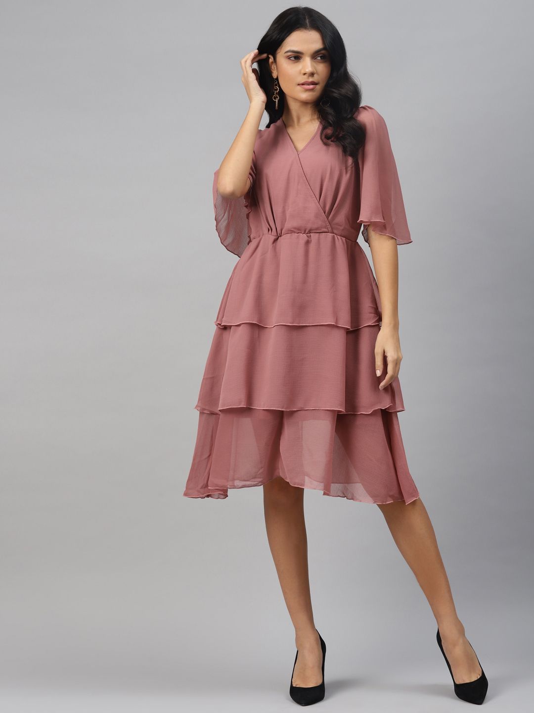 plusS Dusty Rose Solid Layered Wrap Dress Price in India