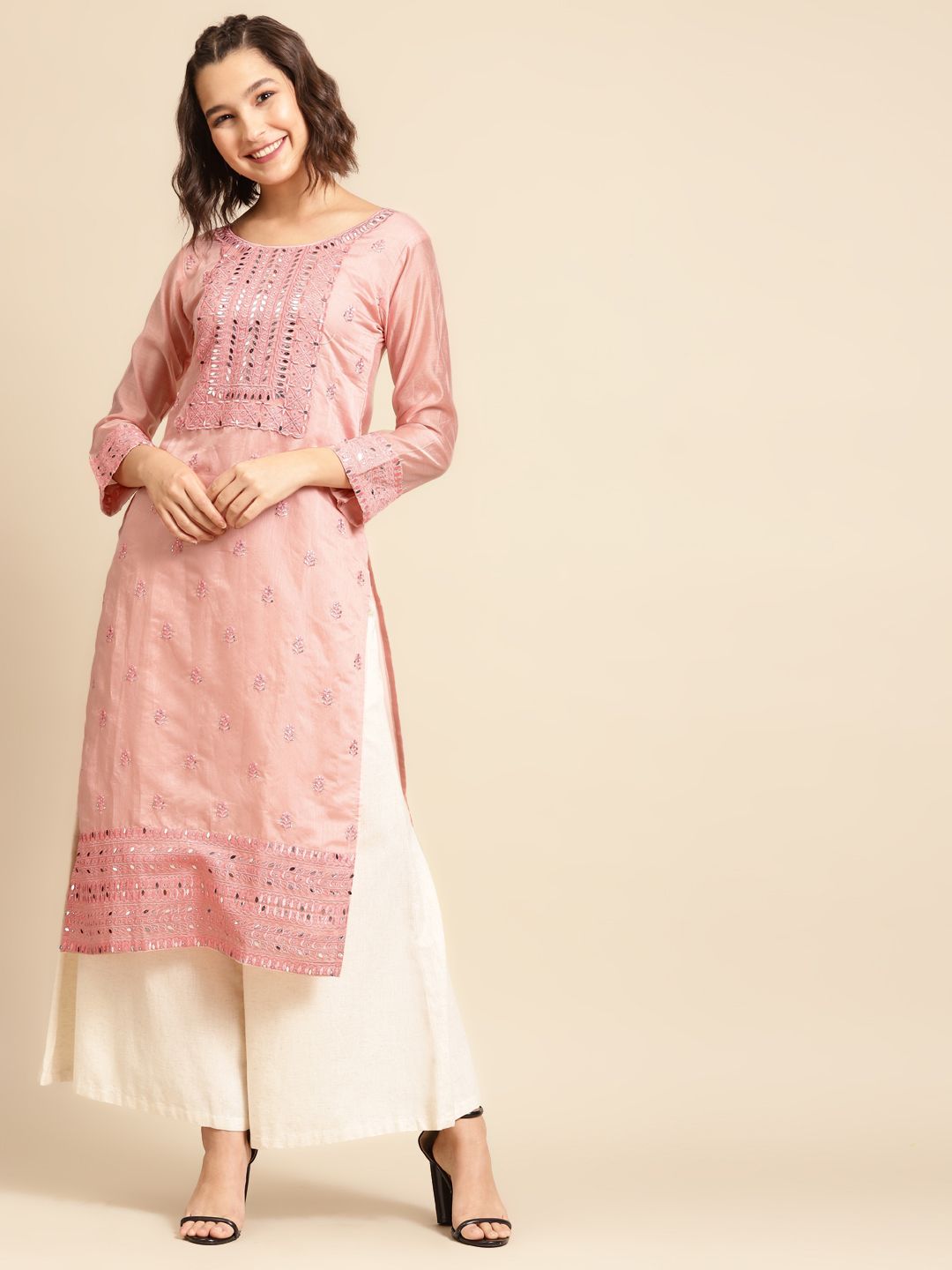 FASHOR Women Peach-Coloured Mirror Embroidered Straight Kurta