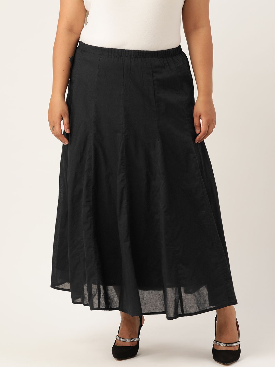 Revolution Women Black Solid Pure Cotton Pleated Flared Maxi Skirt