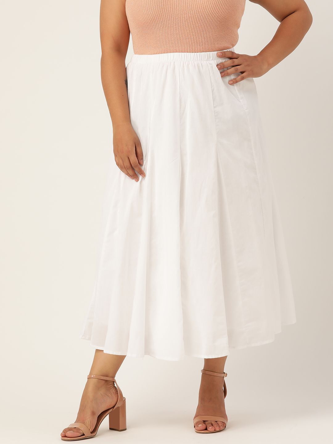 Revolution Women White Solid Pure Cotton Flared Pleated Midi Skirt