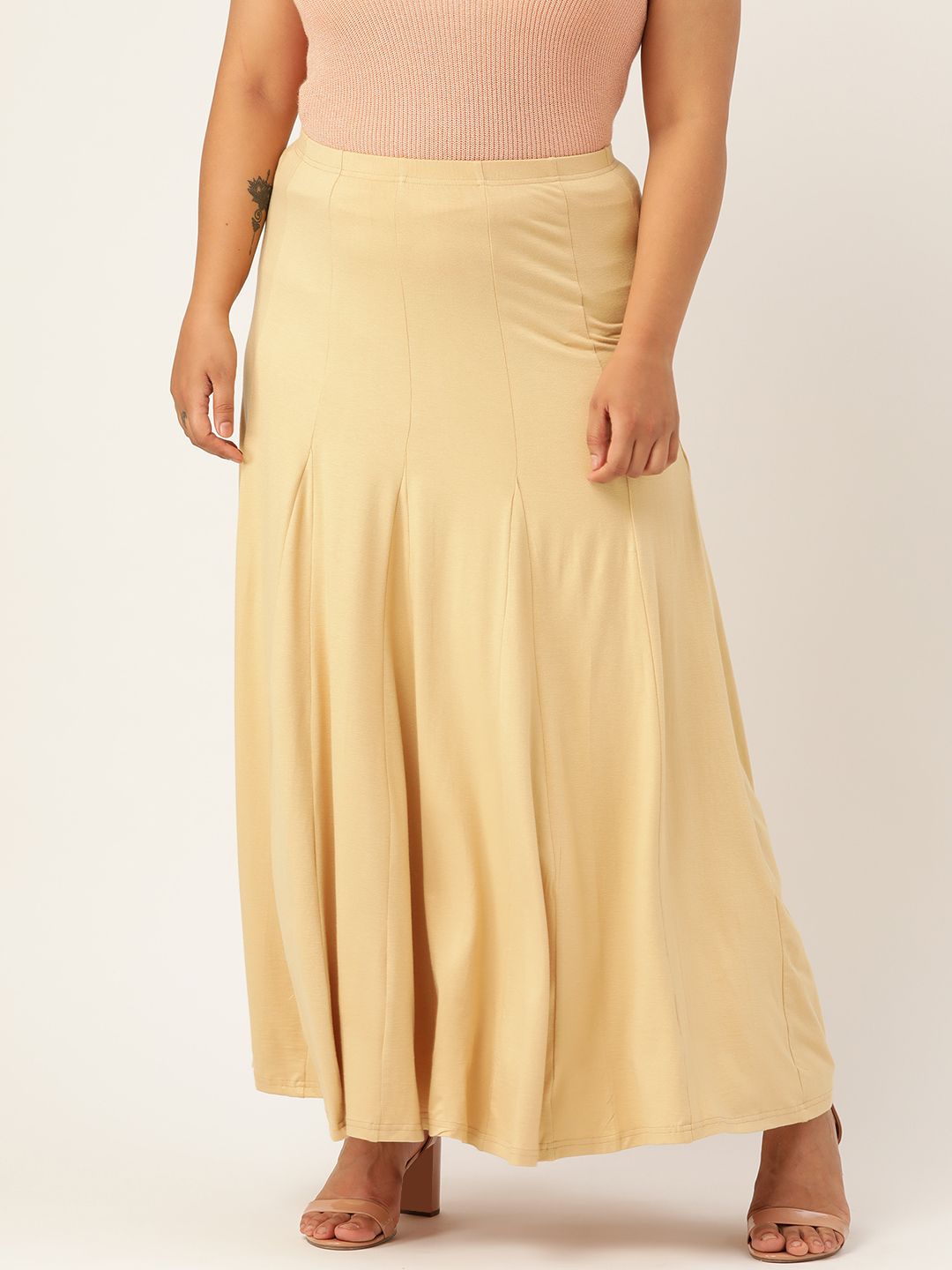 Revolution Women Beige Solid Panelled Knitted Flared Maxi Skirt