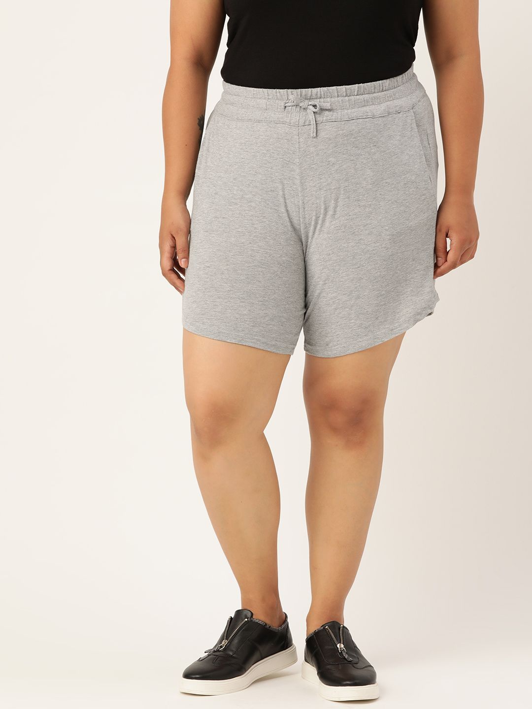 Revolution Women Grey Melange Pure Cotton Solid Regular Fit High Rise Shorts