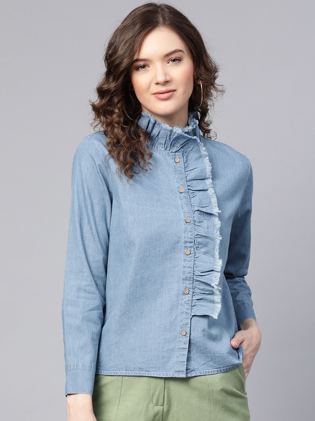 SASSAFRAS Women Blue Solid Chambray Casual Shirt