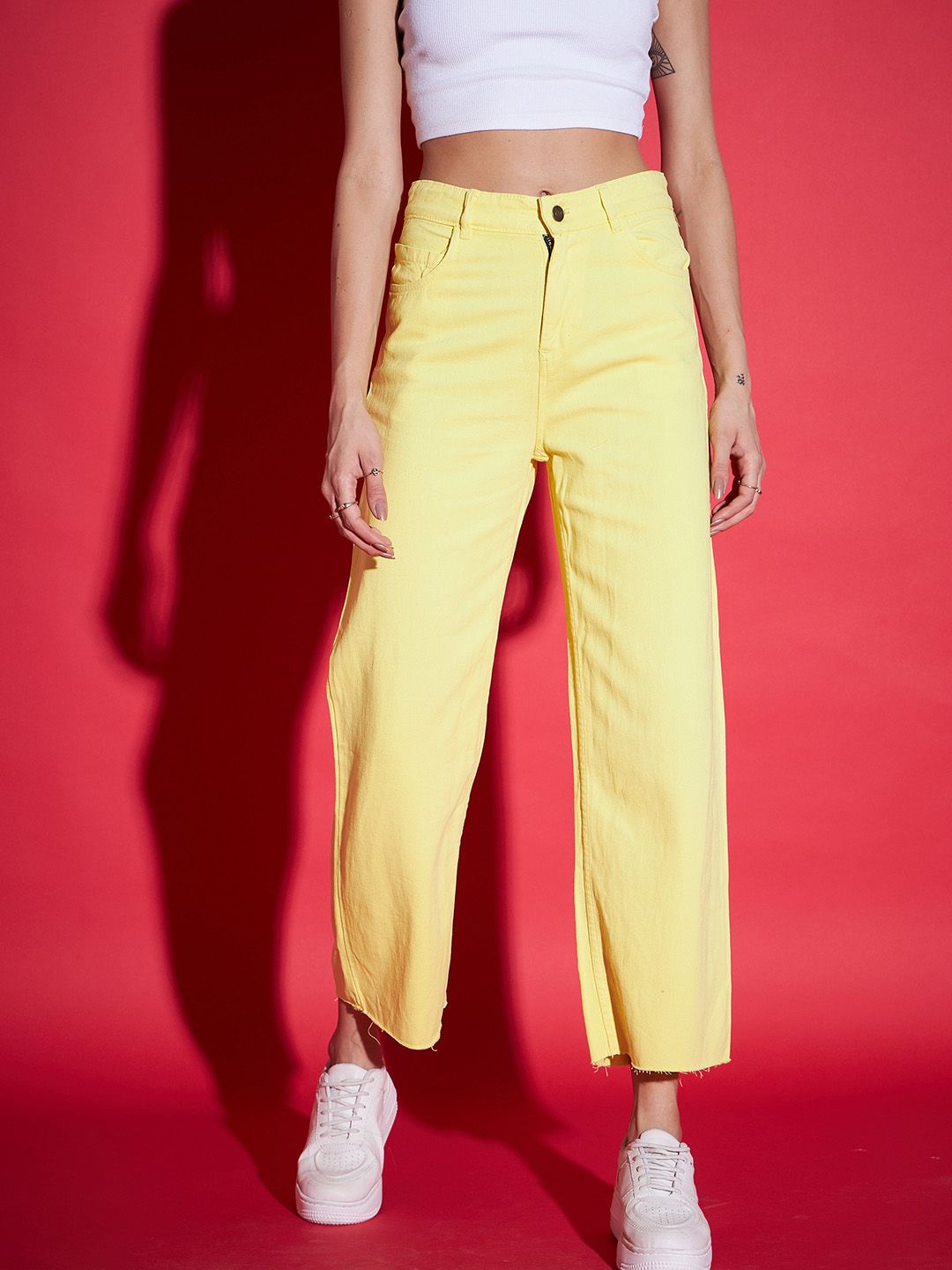 Buy SASSAFRAS Women Yellow Relaxed Fit High-Rise Jeans - Jeans for