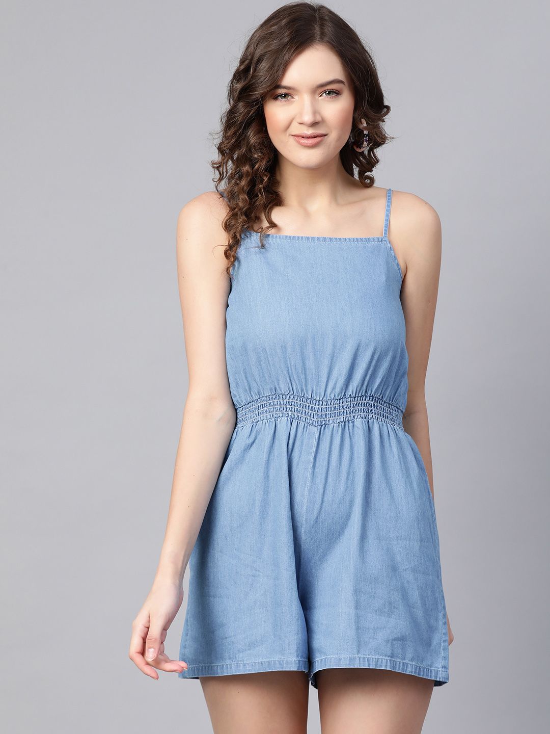 SASSAFRAS Serene Blue Solid Smocked Jumpsuit Price in India