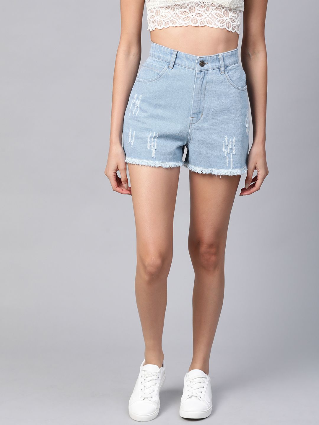SASSAFRAS Women Blue Washed High-Rise Pure Cotton Distressed Denim Shorts Price in India