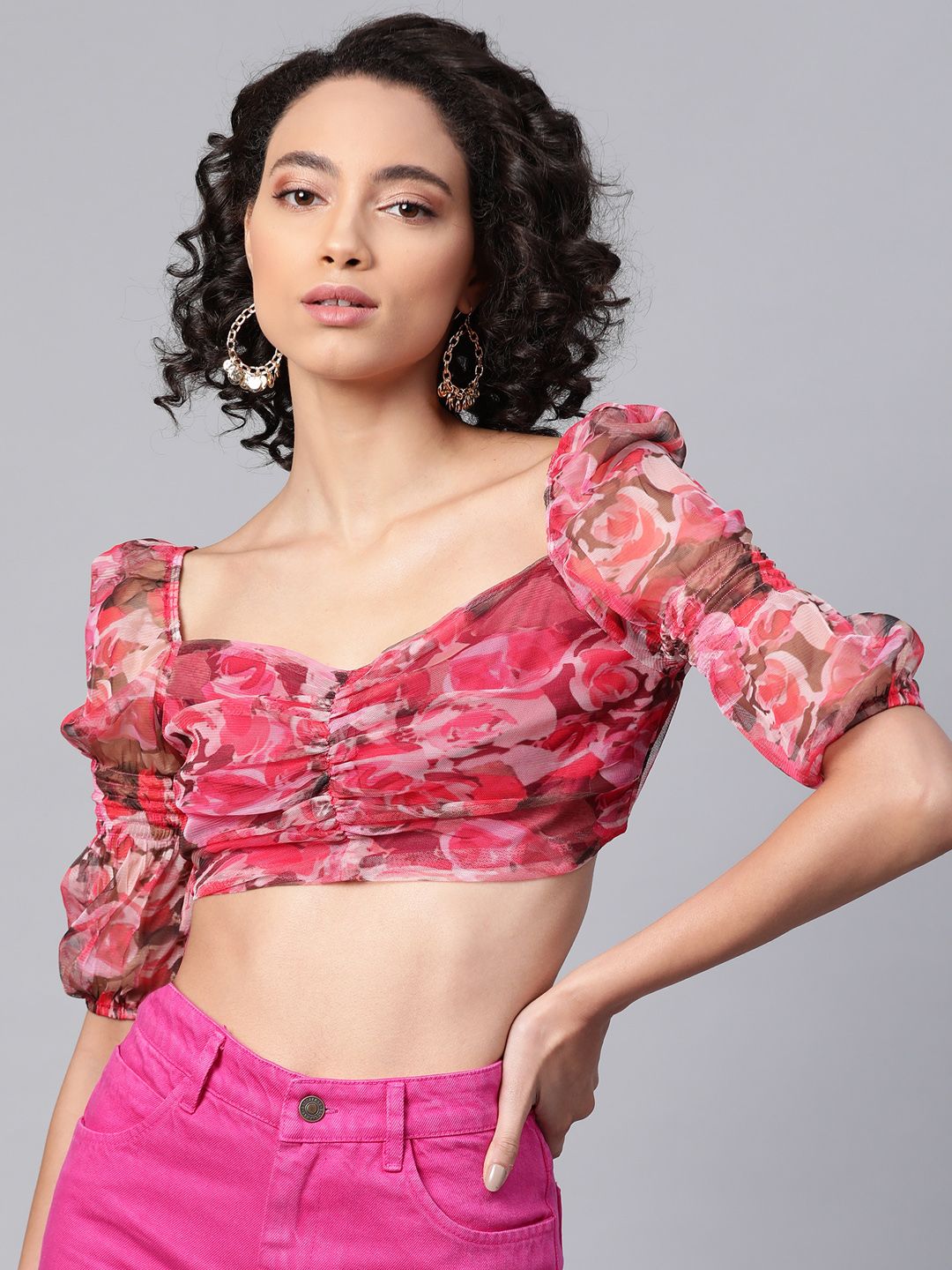 SASSAFRAS Catchy Red and Pink Floral Print Ruched Crop Top Price in India