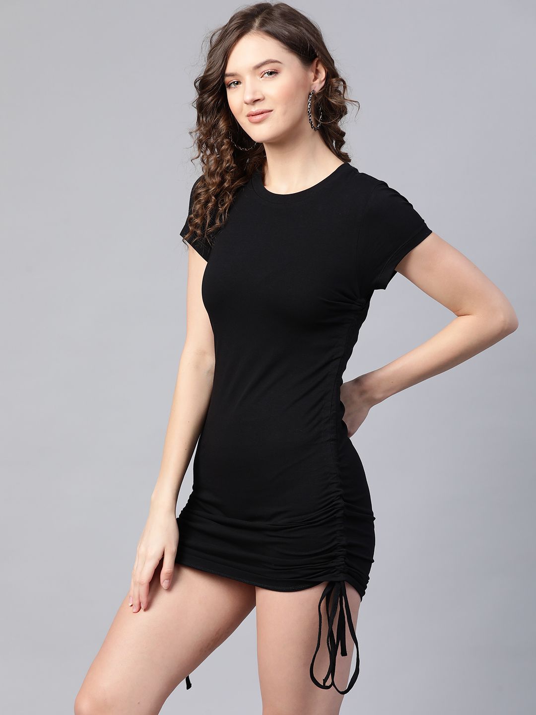 SASSAFRAS Attractive Black Solid Ruched Dress Price in India