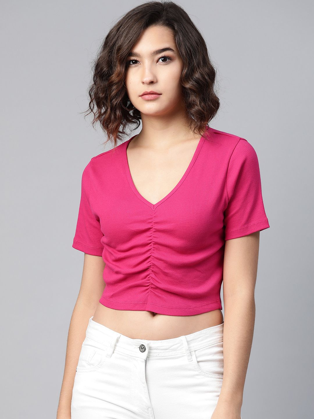 SASSAFRAS Enthralling Pink Solid Ruched Crop Top