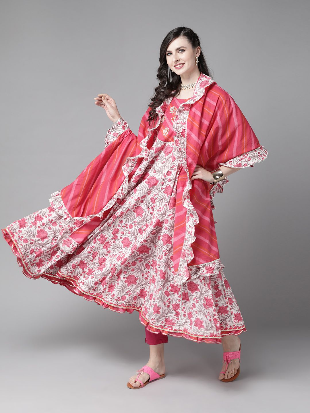 Ishin Women White & Pink Pure Cotton Printed Kurta with Trousers & Dupatta