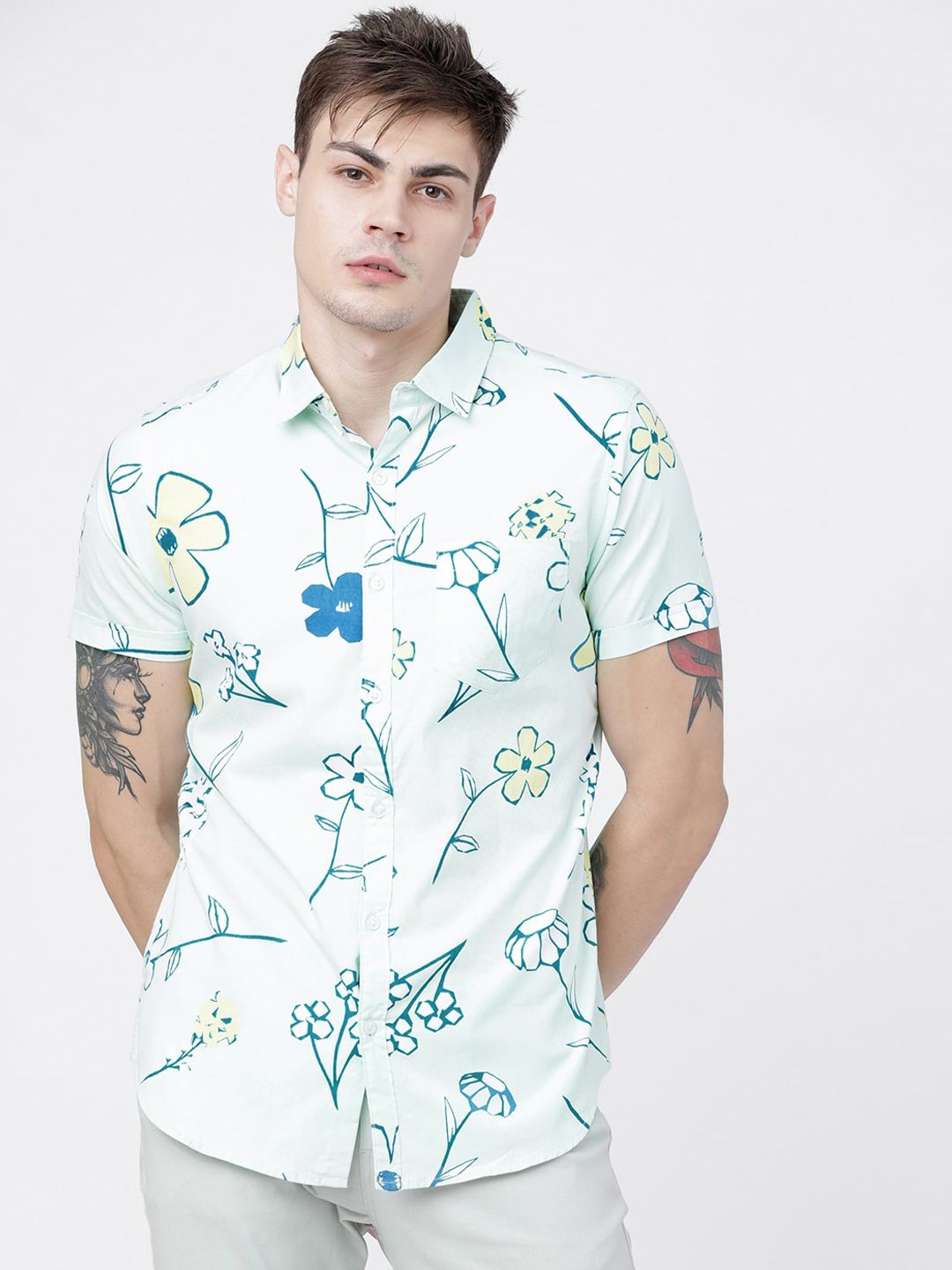 HIGHLANDER Men Sea Green & Blue Slim Fit Printed Casual Shirt deal from myntra