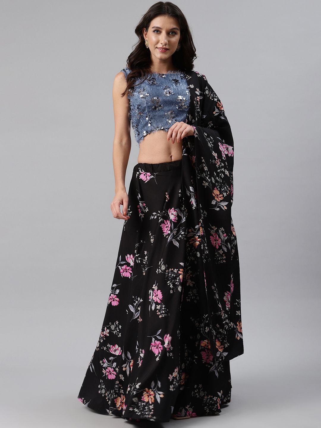 SHUBHKALA Black & Blue Floral Print Semi-Stitched Lehenga & Unstitched Blouse with Dupatta Price in India