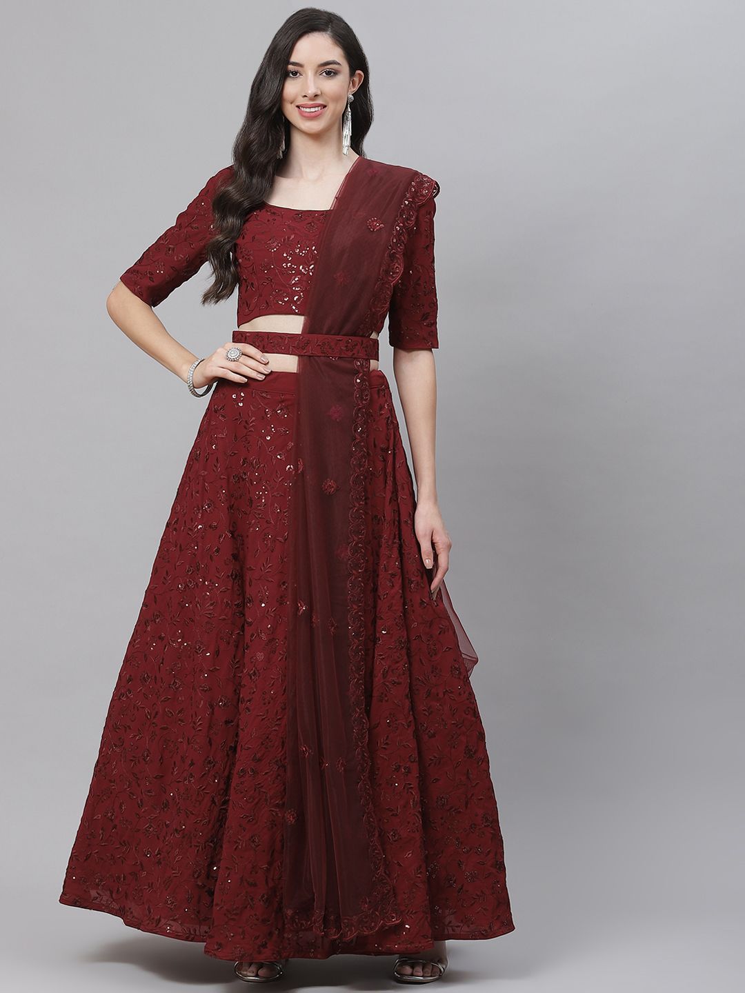 SHUBHKALA Maroon Embroidered Sequinned Semi-Stitched Lehenga & Unstitched Blouse With Dupatta Price in India