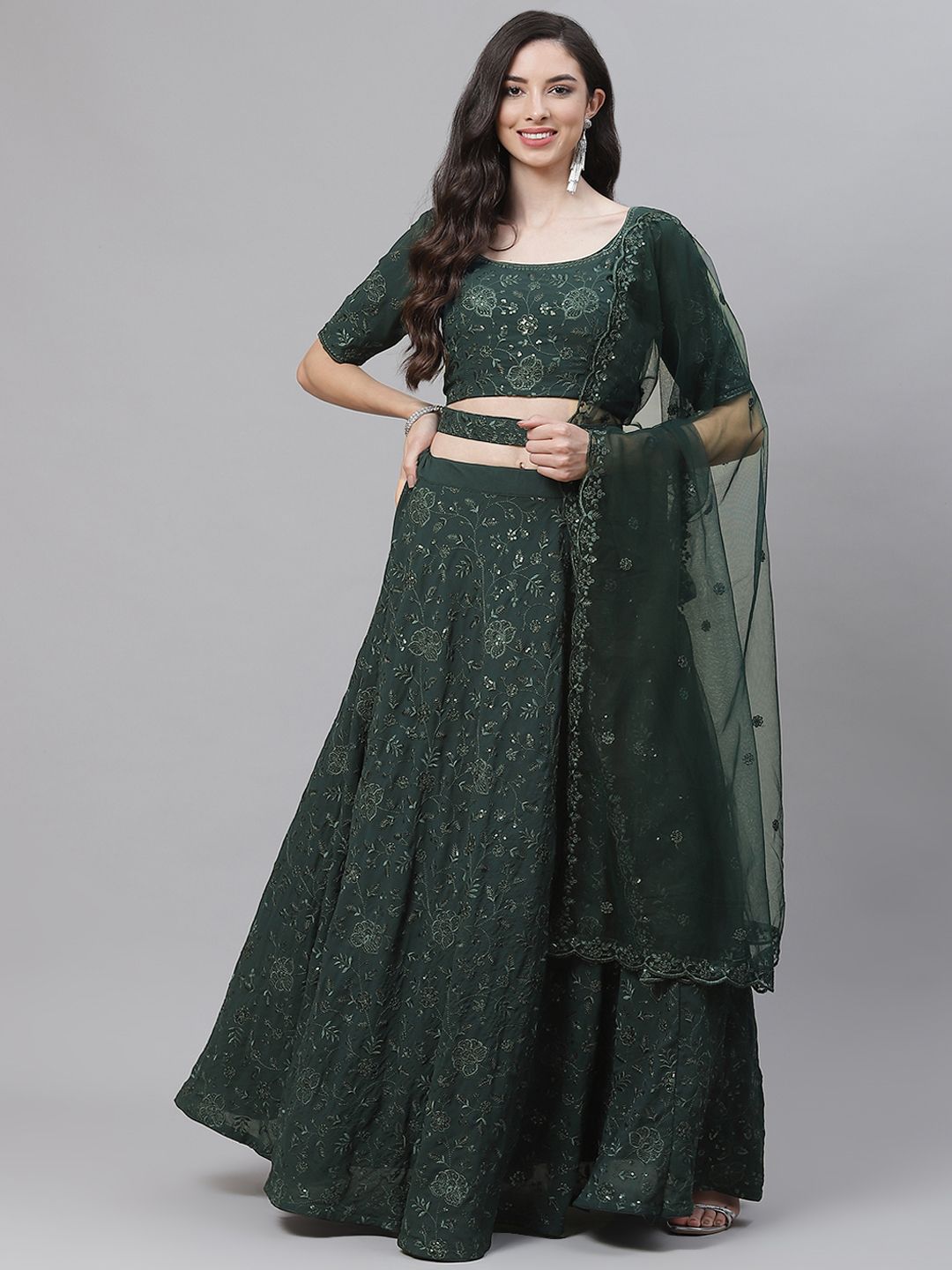 SHUBHKALA Green Embroidered Sequinned Semi-Stitched Lehenga & Unstitched Blouse With Dupatta Price in India