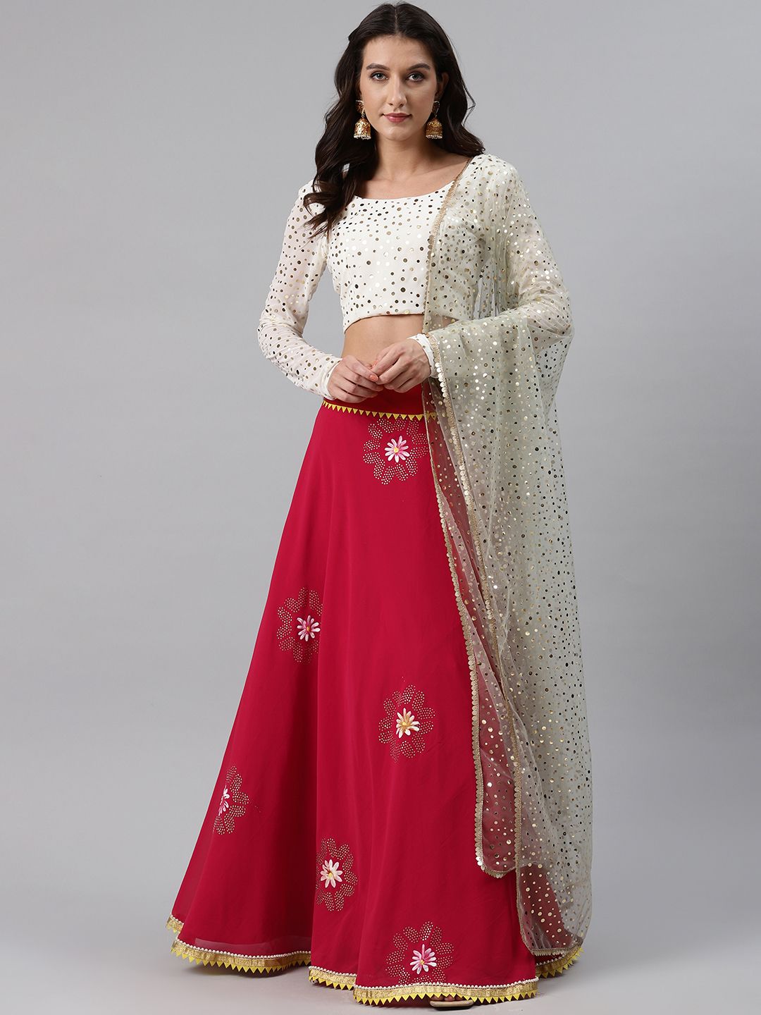 SHUBHKALA Coral & Off-White Printed Semi-Stitched Lehenga & Unstitched Blouse with Dupatta Price in India