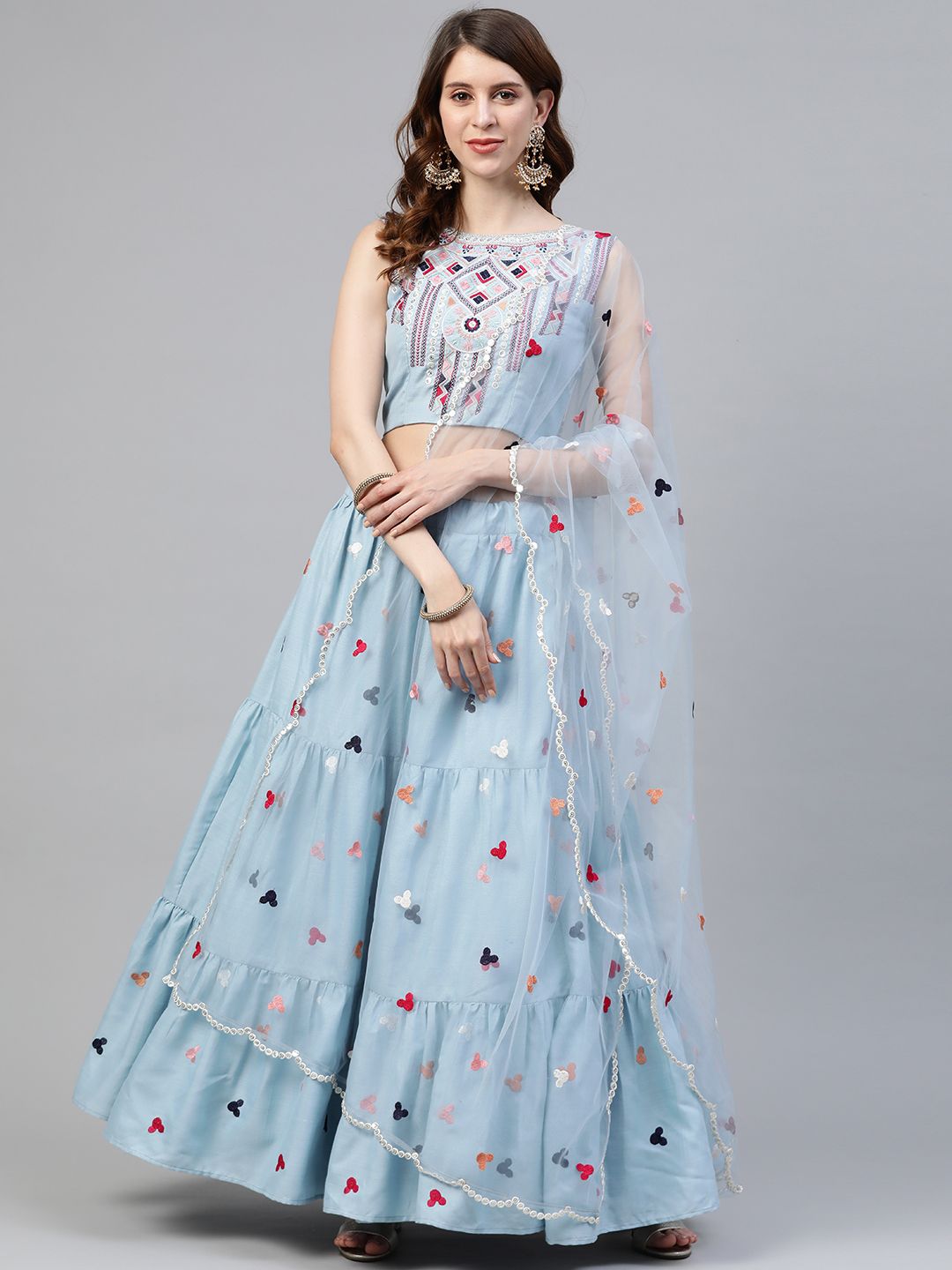 SHUBHKALA Blue Semi-Stitched Tiered Embroidered Lehenga & Blouse with Dupatta Price in India