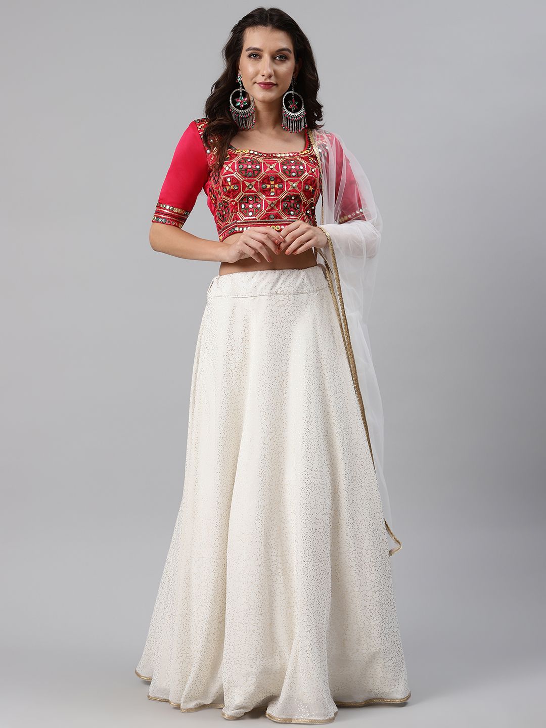 SHUBHKALA White & Golden Foil Print Semi-Stitched Lehenga & Unstitched Blouse with Dupatta Price in India