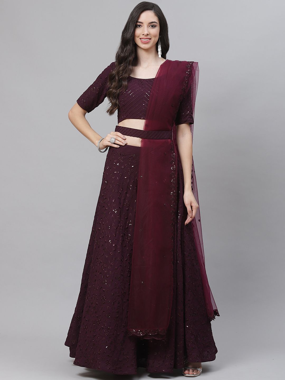 SHUBHKALA Purple Embroidered Sequinned Semi-Stitched Lehenga & Unstitched Blouse With Dupatta Price in India