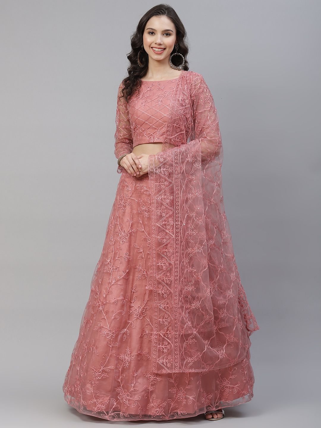 SHUBHKALA Dusty Pink Embroidered Semi-Stitched Lehenga & Unstitched Blouse With Dupatta Price in India