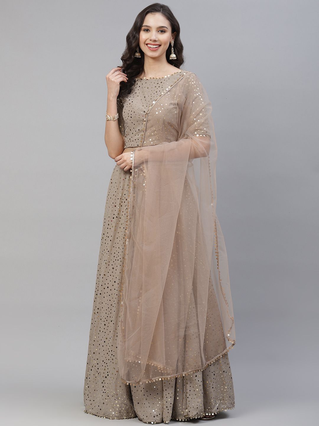 SHUBHKALA Beige & Golden Sequinned Semi-Stitched Lehenga & Unstitched Blouse With Dupatta Price in India