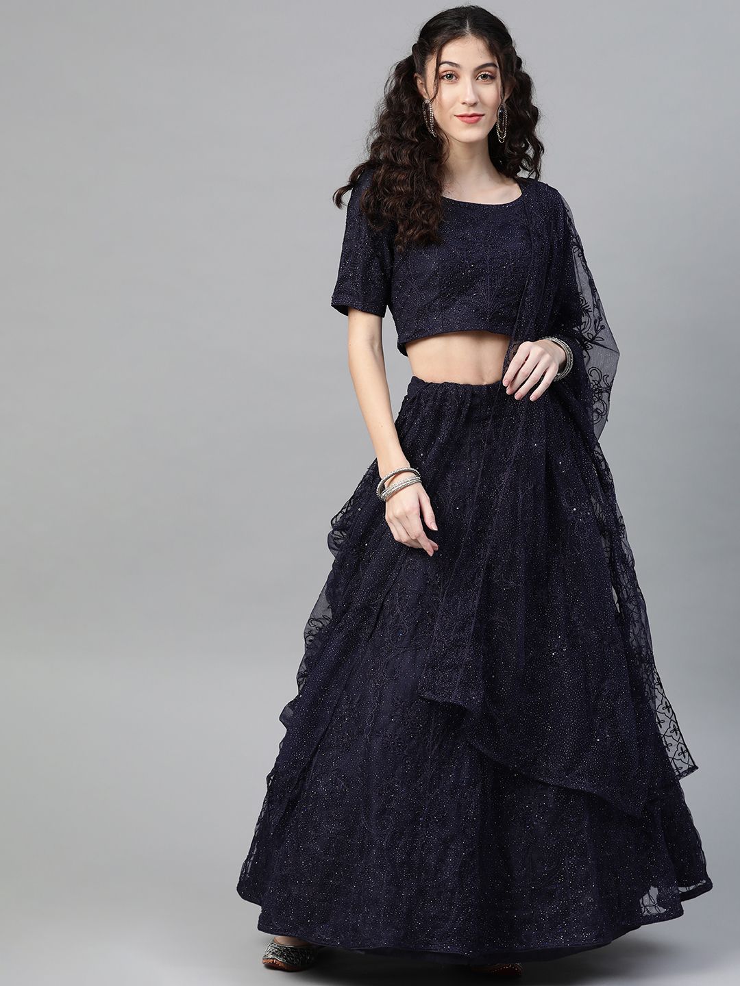 SHUBHKALA Navy Blue Sequinned Semi-Stitched Lehenga & Unstitched Blouse With Dupatta Price in India