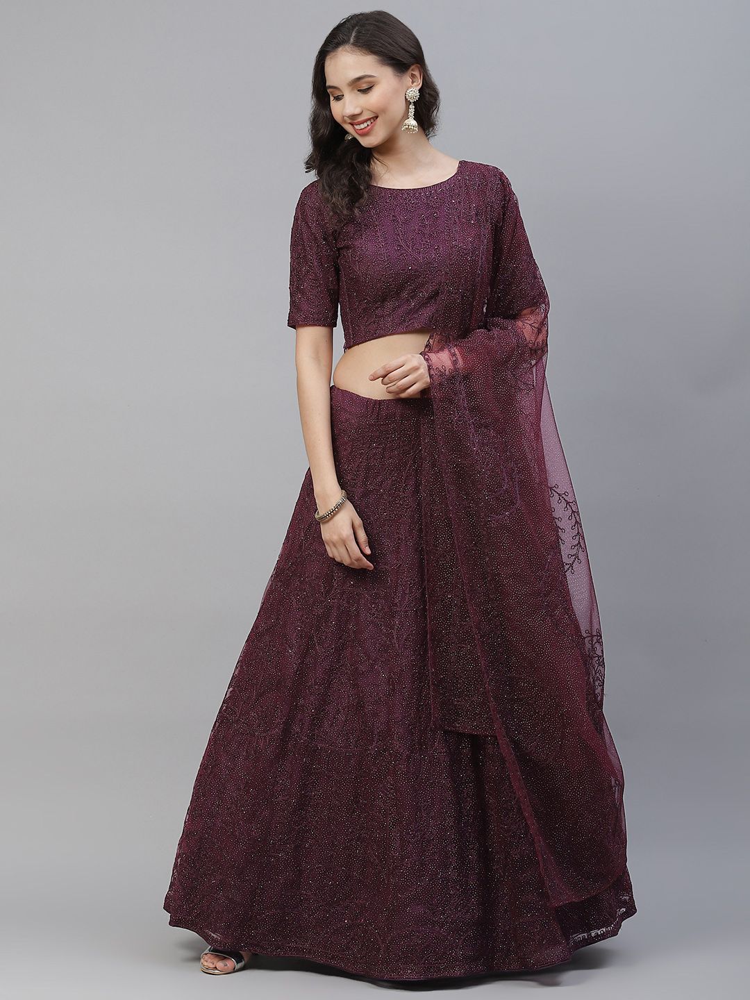 SHUBHKALA Burgundy Embroidered Semi-Stitched Lehenga & Unstitched Blouse With Dupatta Price in India