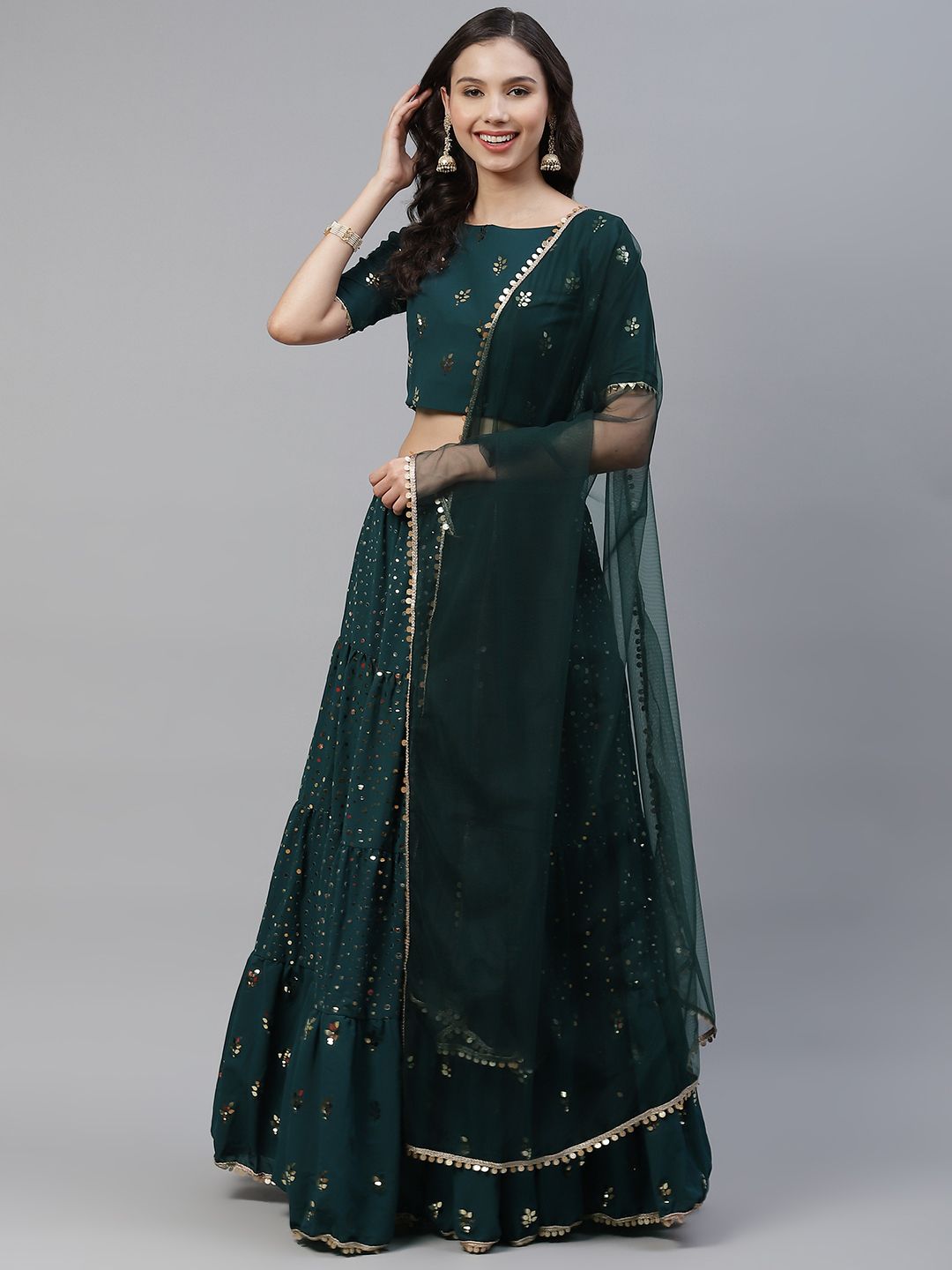SHUBHKALA Green Embellished Semi-Stitched Lehenga & Unstitched Blouse With Dupatta Price in India