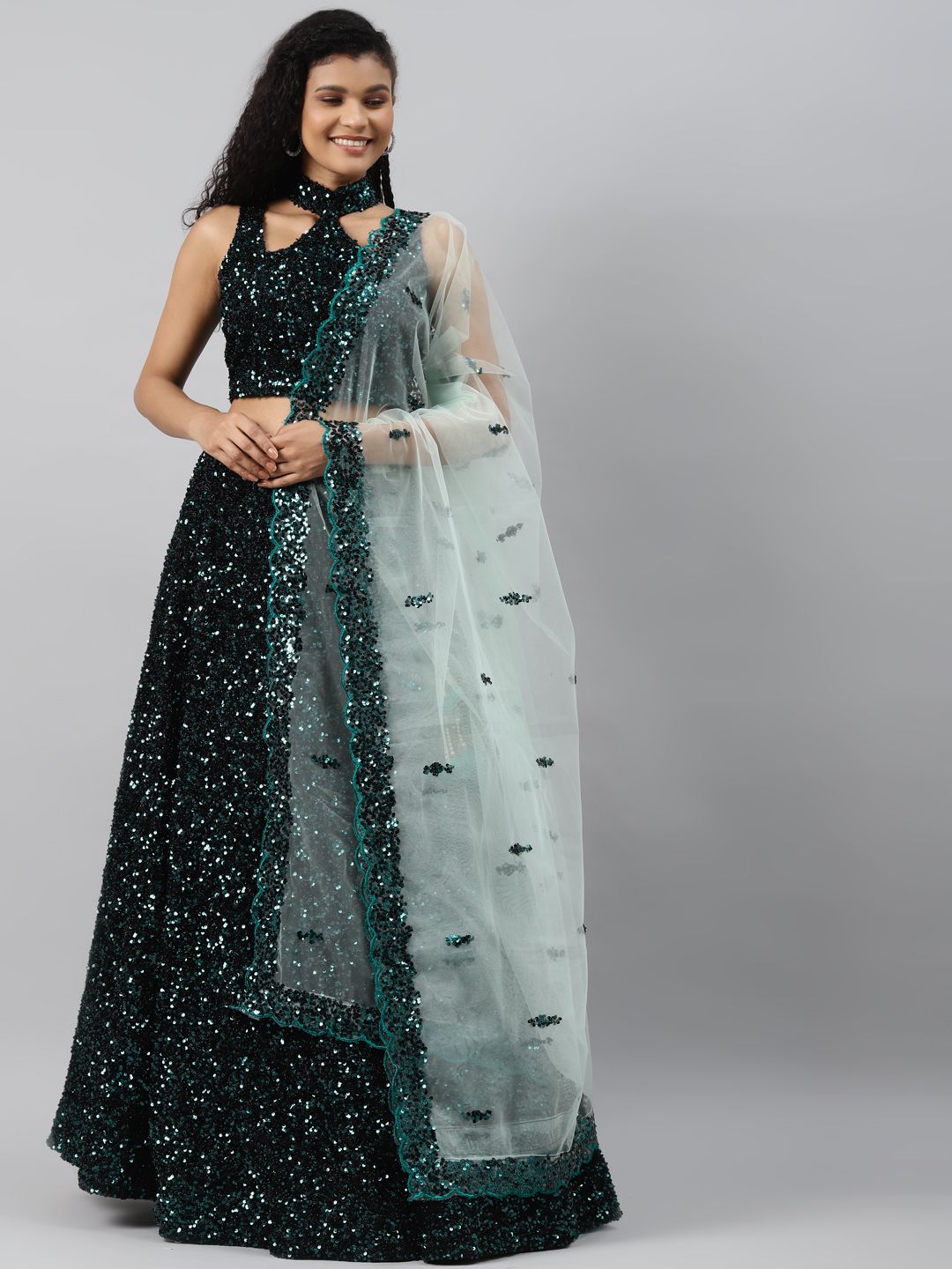 Readiprint Fashions Black & Green Sequinned Semi-Stitched Lehenga & Blouse with Dupatta Price in India