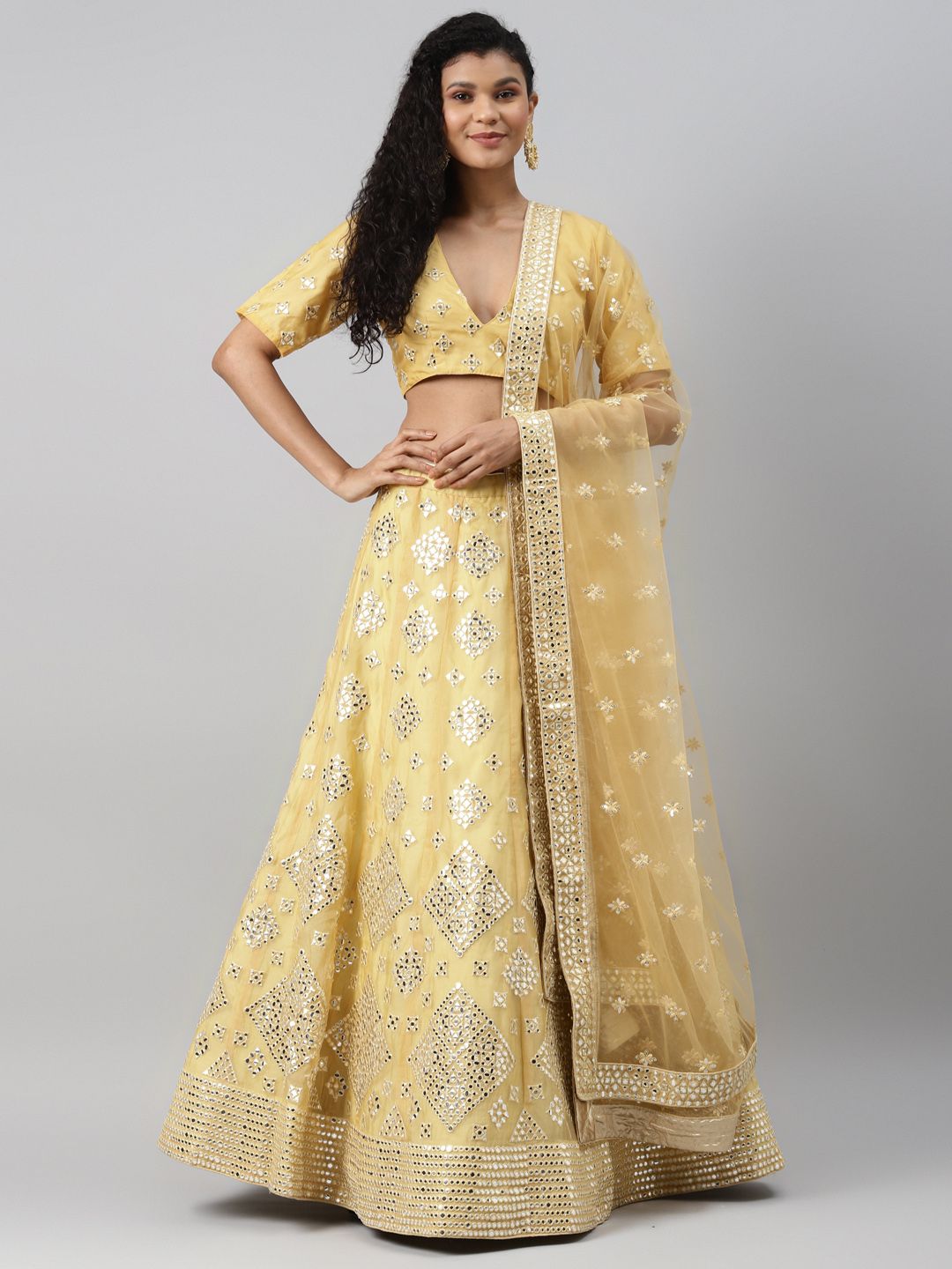 Readiprint Fashions Yellow Mirror Work Semi-Stitched Lehenga & Blouse with Dupatta Price in India