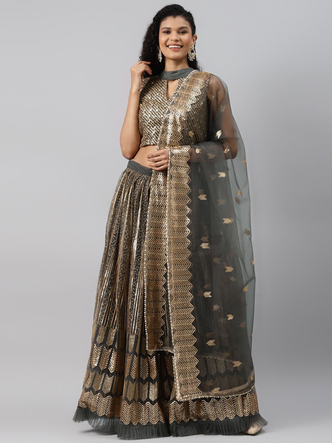 Readiprint Fashions Charcoal & Gold-Toned Embellished Semi-Stitched Lehenga & Unstitched Blouse with Dupatta Price in India