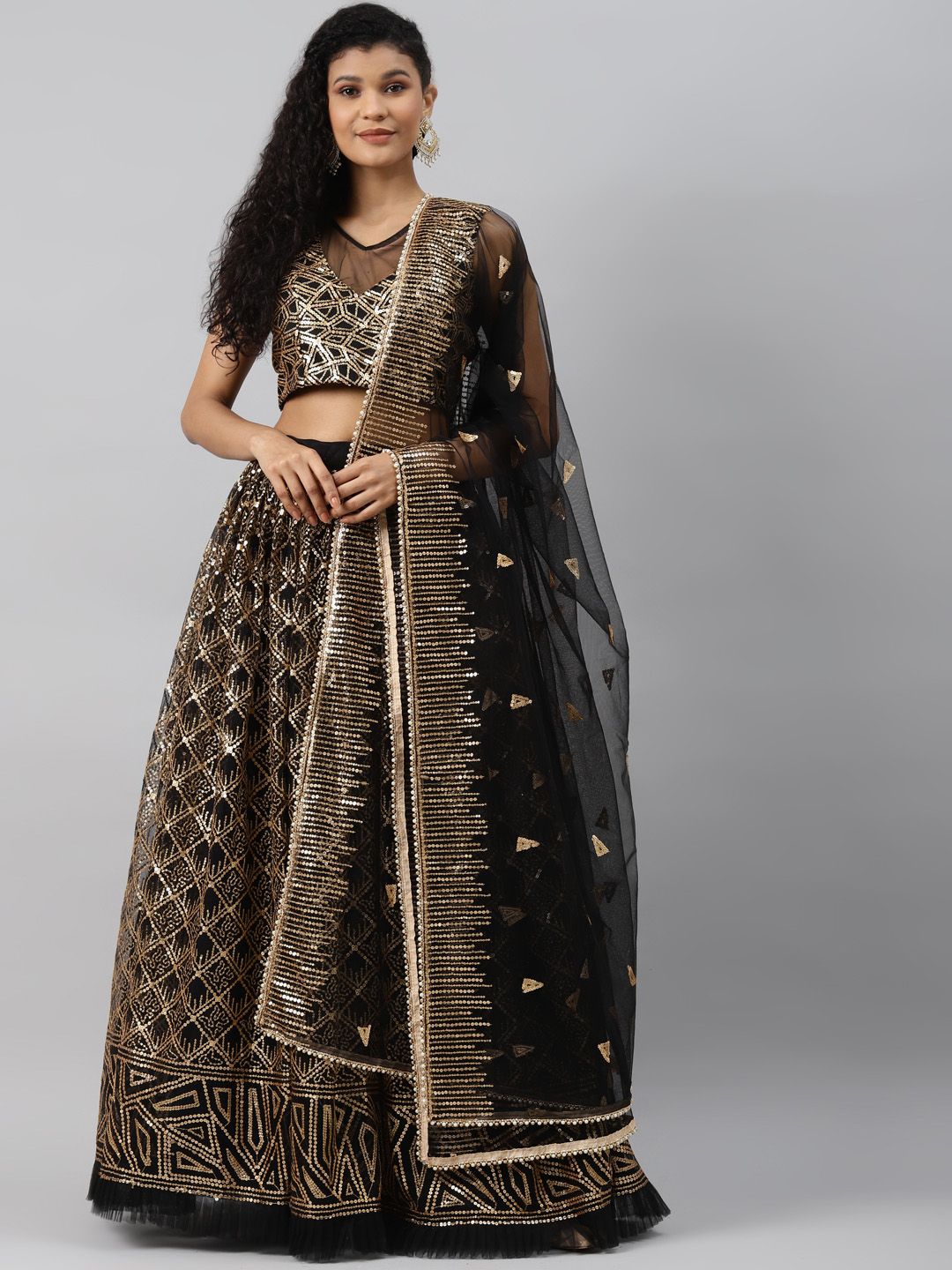 Readiprint Fashions Black & Gold-Toned Embellished Semi-Stitched Lehenga & Unstitched Blouse with Dupatta