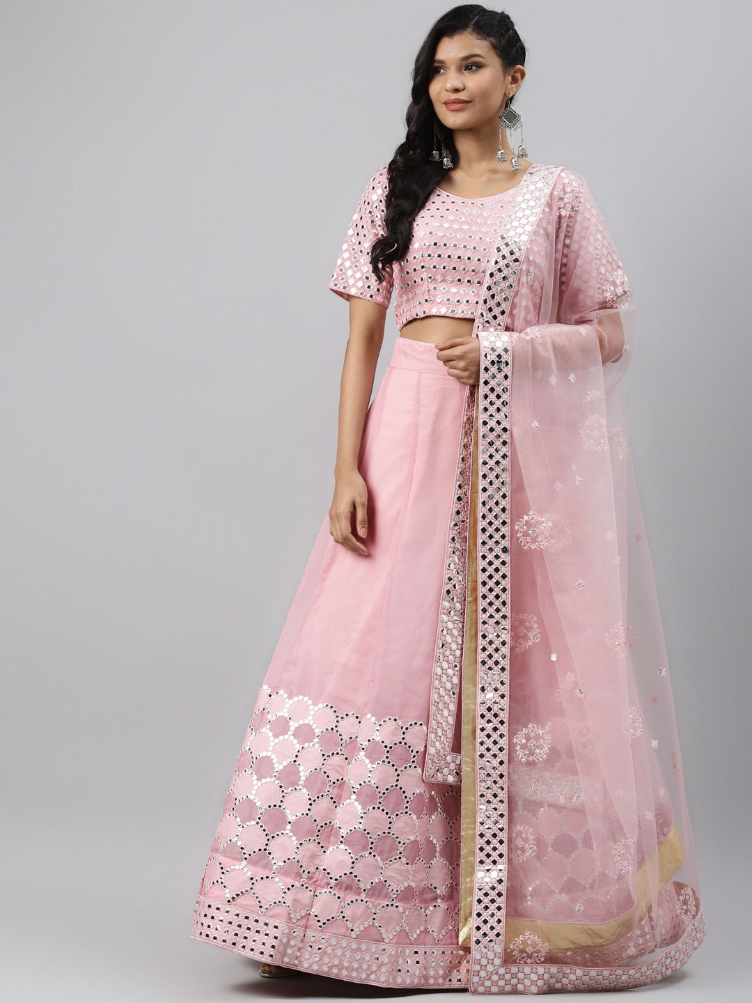 Readiprint Fashions Pink & Silver-Toned Embroidered Semi-Stitched Lehenga & Unstitched Blouse with Dupatta Price in India