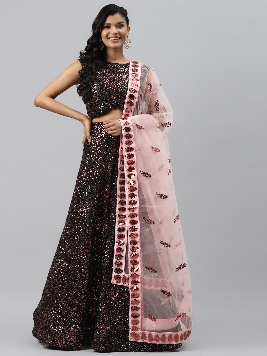 Readiprint Fashions Black & Pink Embellished Semi-Stitched Lehenga & Unstitched Blouse with Dupatta Price in India