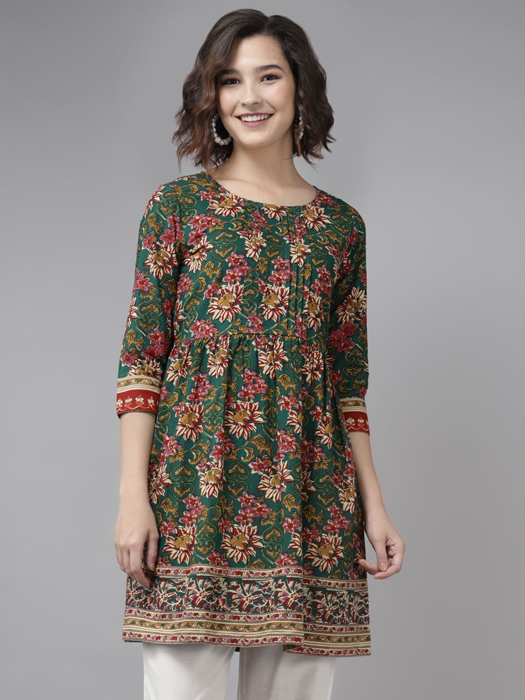 Rain & Rainbow Women Green & Pink Floral Print Pleated Cotton Tunic Price in India