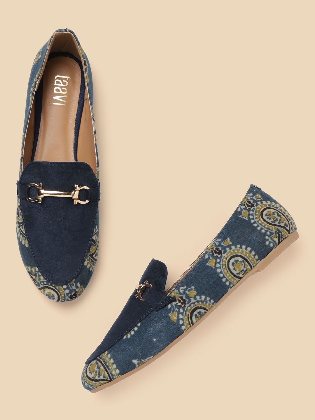 Taavi Women Blue & Green Ethnic Motif Print Handcrafted Horsebit Loafers Price in India