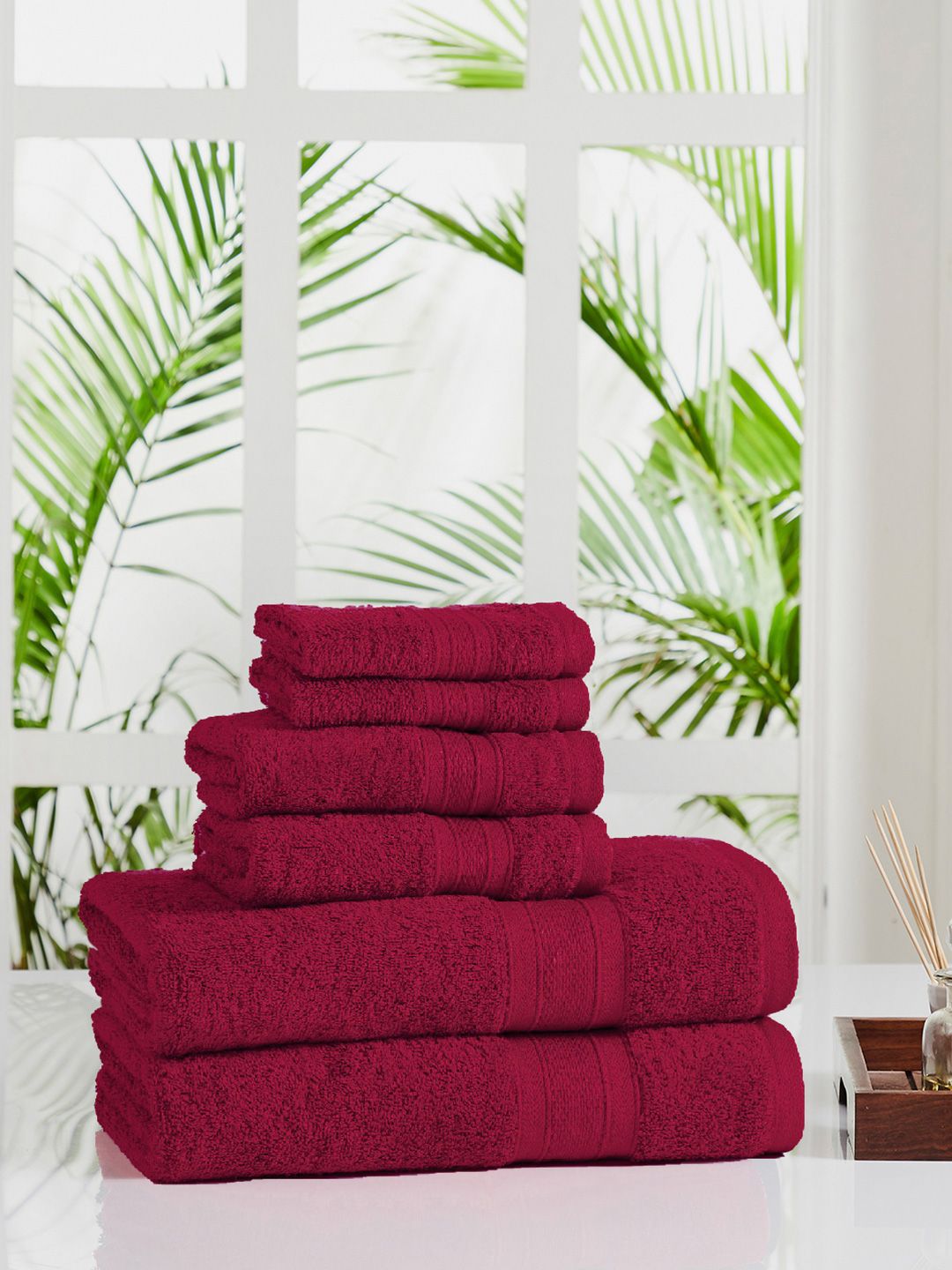 Trident Unisex Set Of 6 Red Solid 500 GSM Towels Price in India