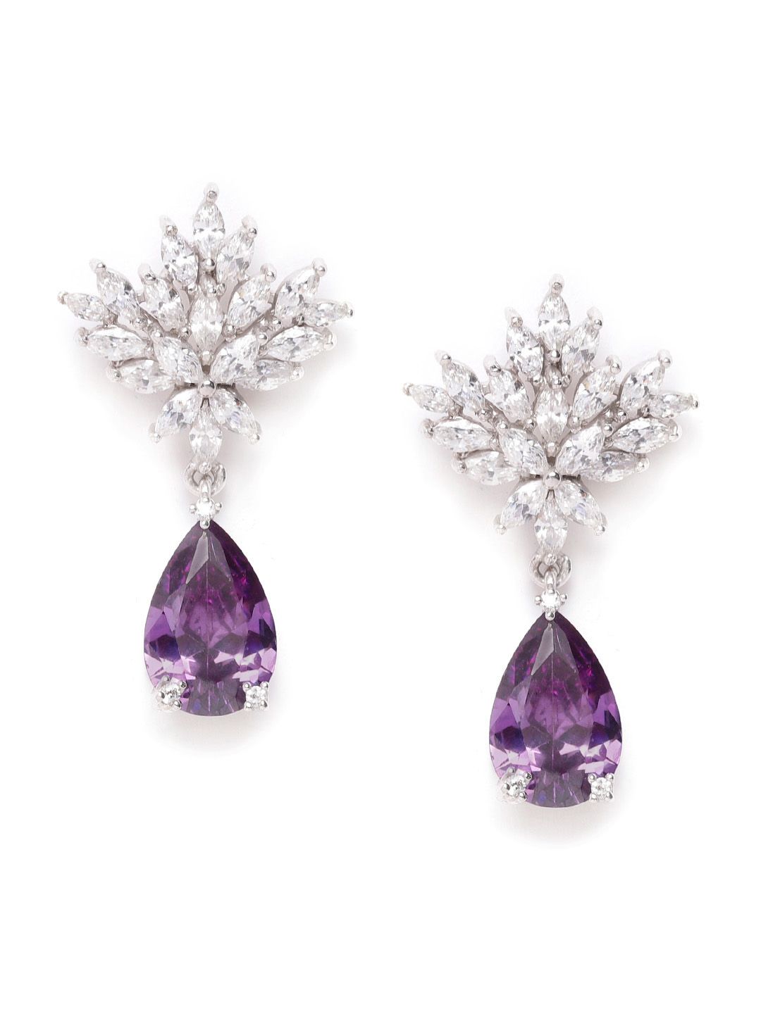 Carlton London Silver-Toned & Purple Rhodium-Plated Stone Studded Teardrop Drop Earrings Price in India