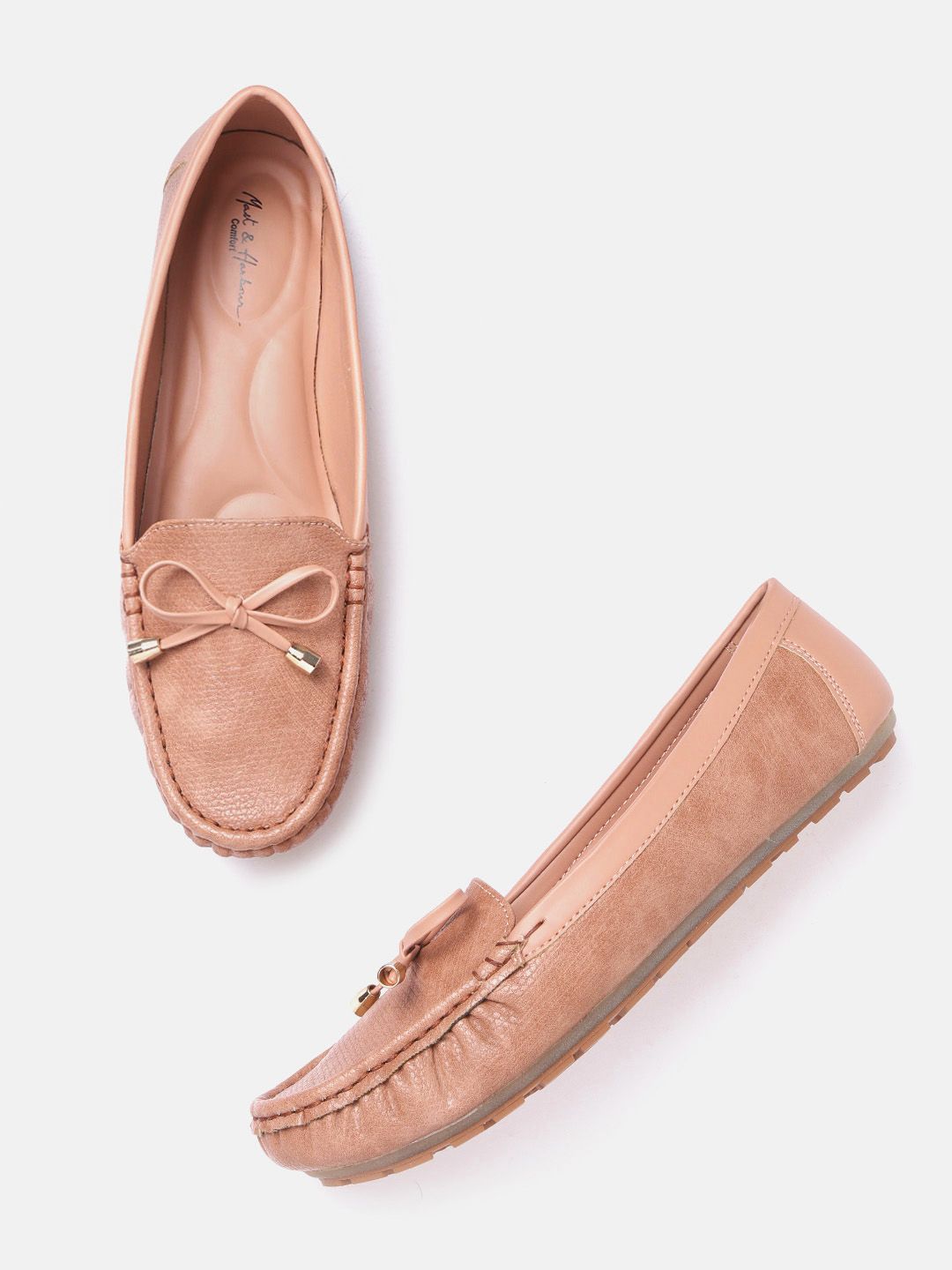 Mast & Harbour Women Peach-Coloured Grain Textured Loafers with Bow Detail Price in India