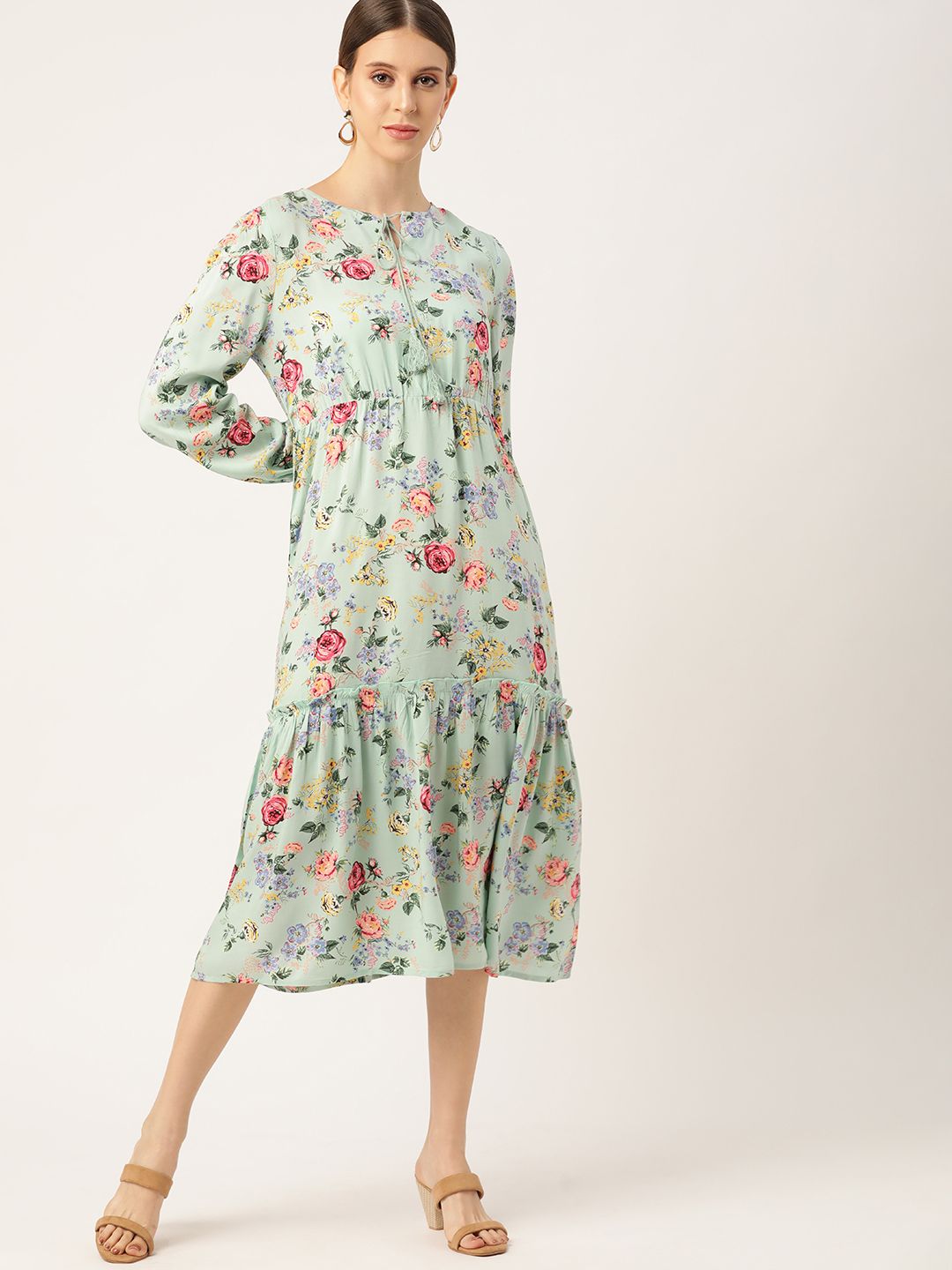 her by invictus Women Green & Pink Floral Keyhole Neck A-Line Midi Dress