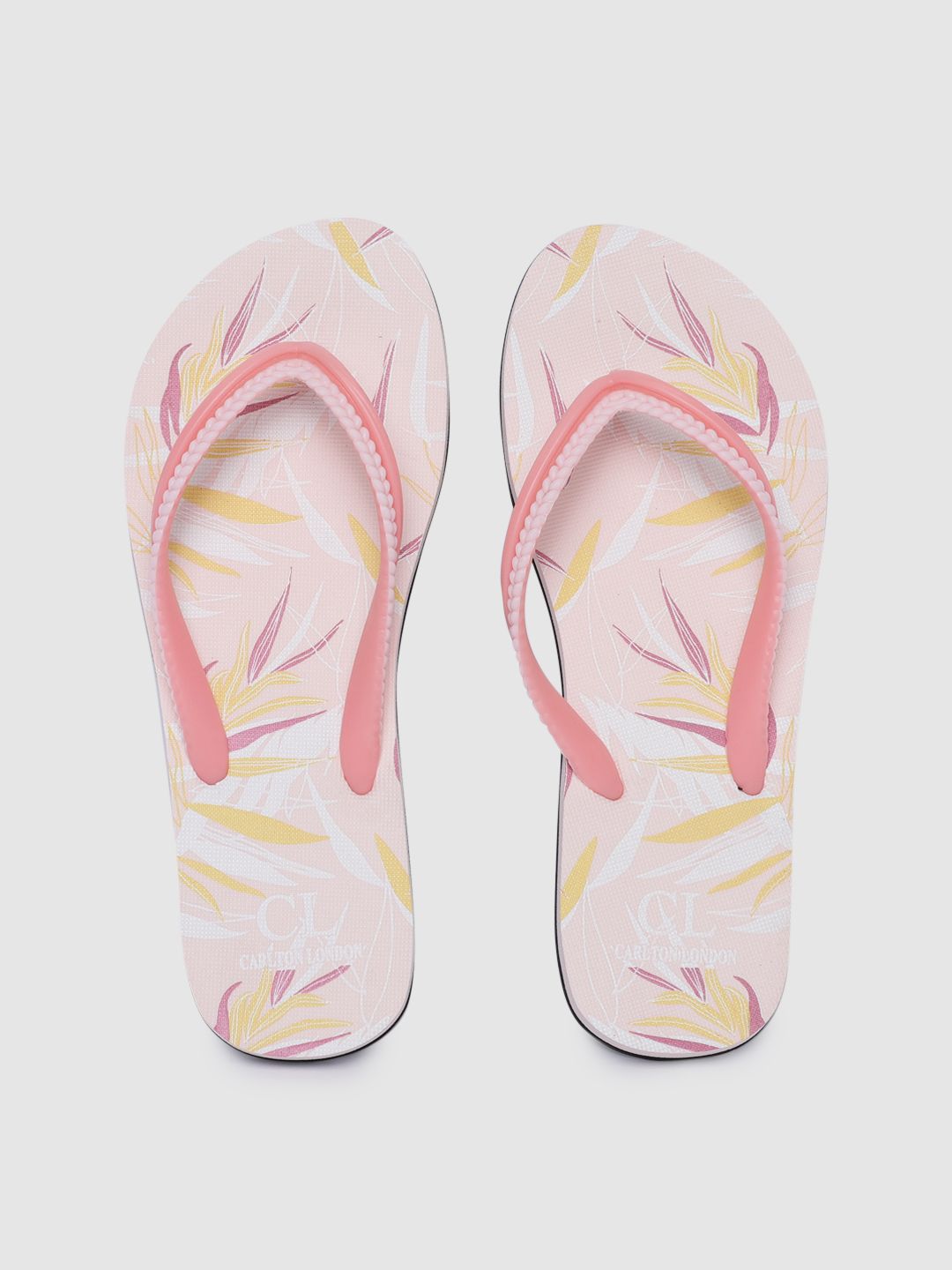 Carlton London Women Peach-Coloured & Yellow Printed Thong Flip-Flops Price in India