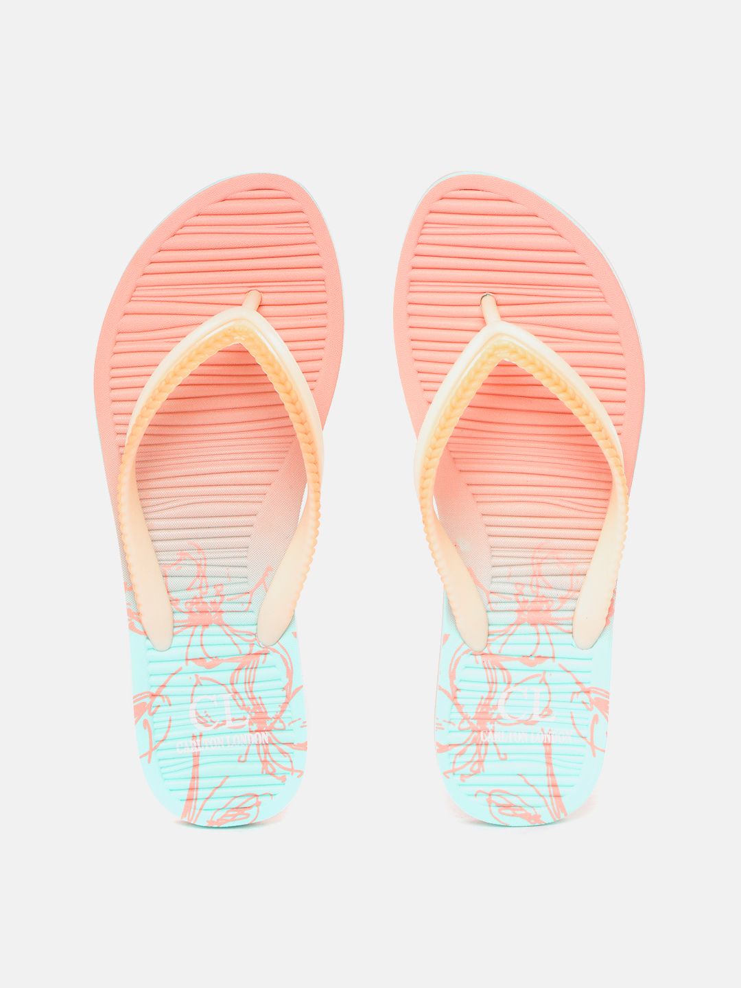 Carlton London Women Peach-Coloured & Sea Green Printed Textured Thong Flip-Flops Price in India