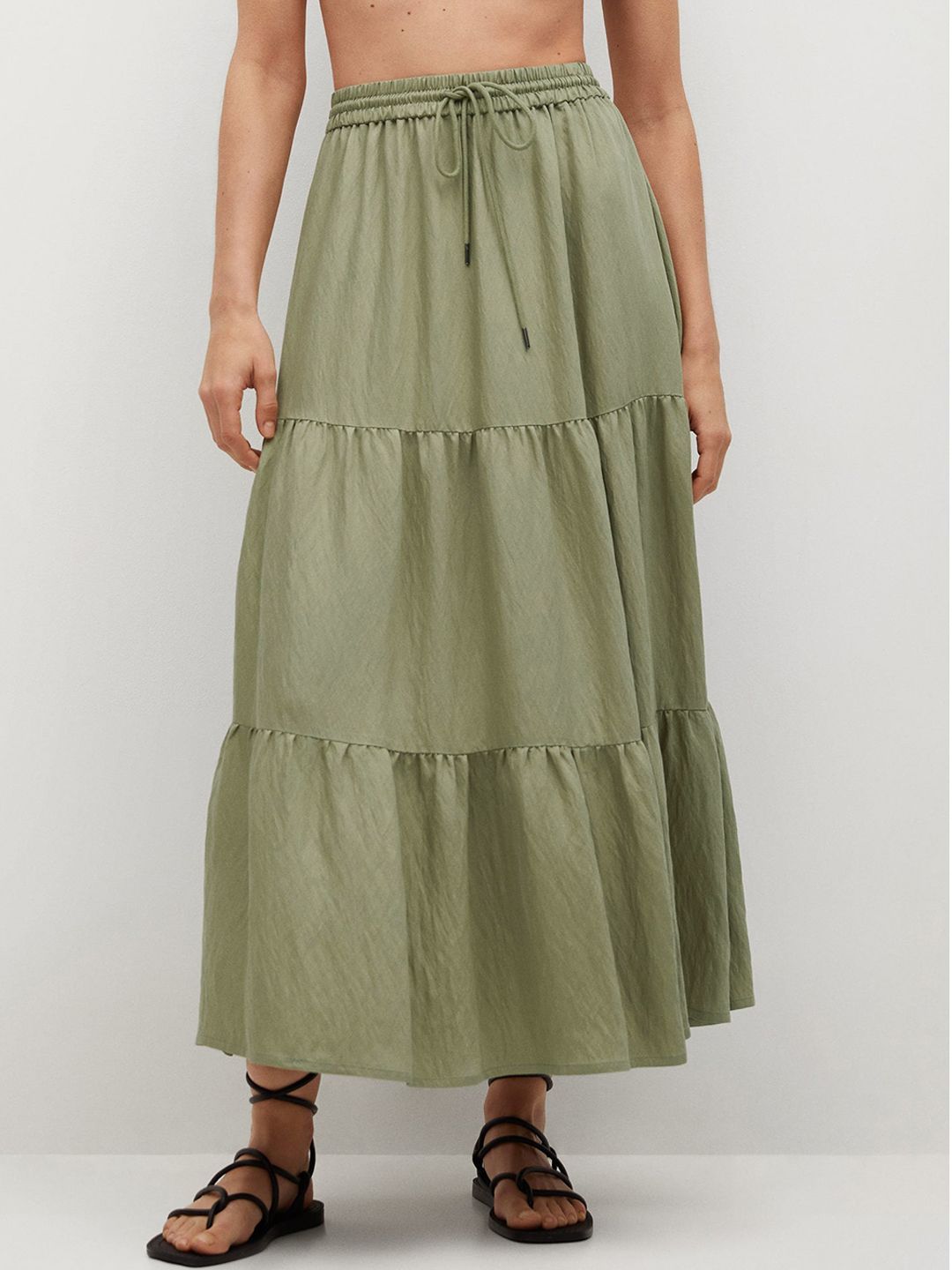 MANGO Women Green Solid Tiered Maxi Ecovero Sustainable Skirt