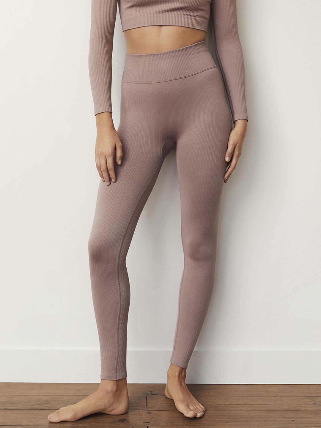 MANGO Women Mauve Self-Striped Ankle Length Tights Price in India