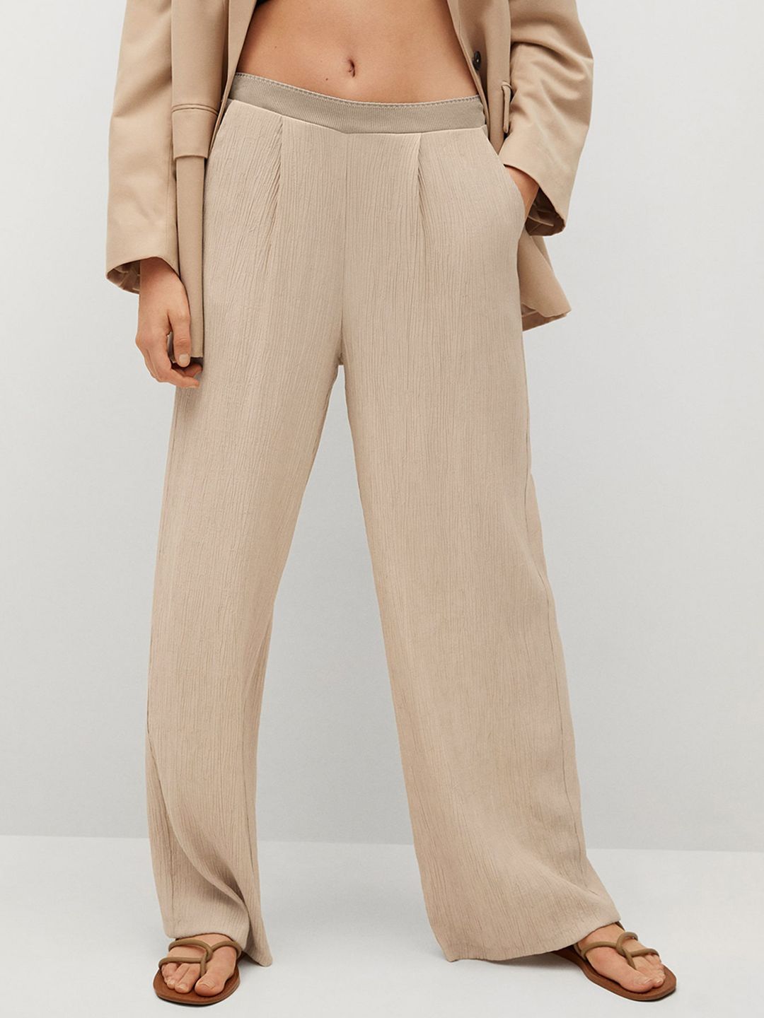 MANGO Women Beige Regular Fit Solid Trousers